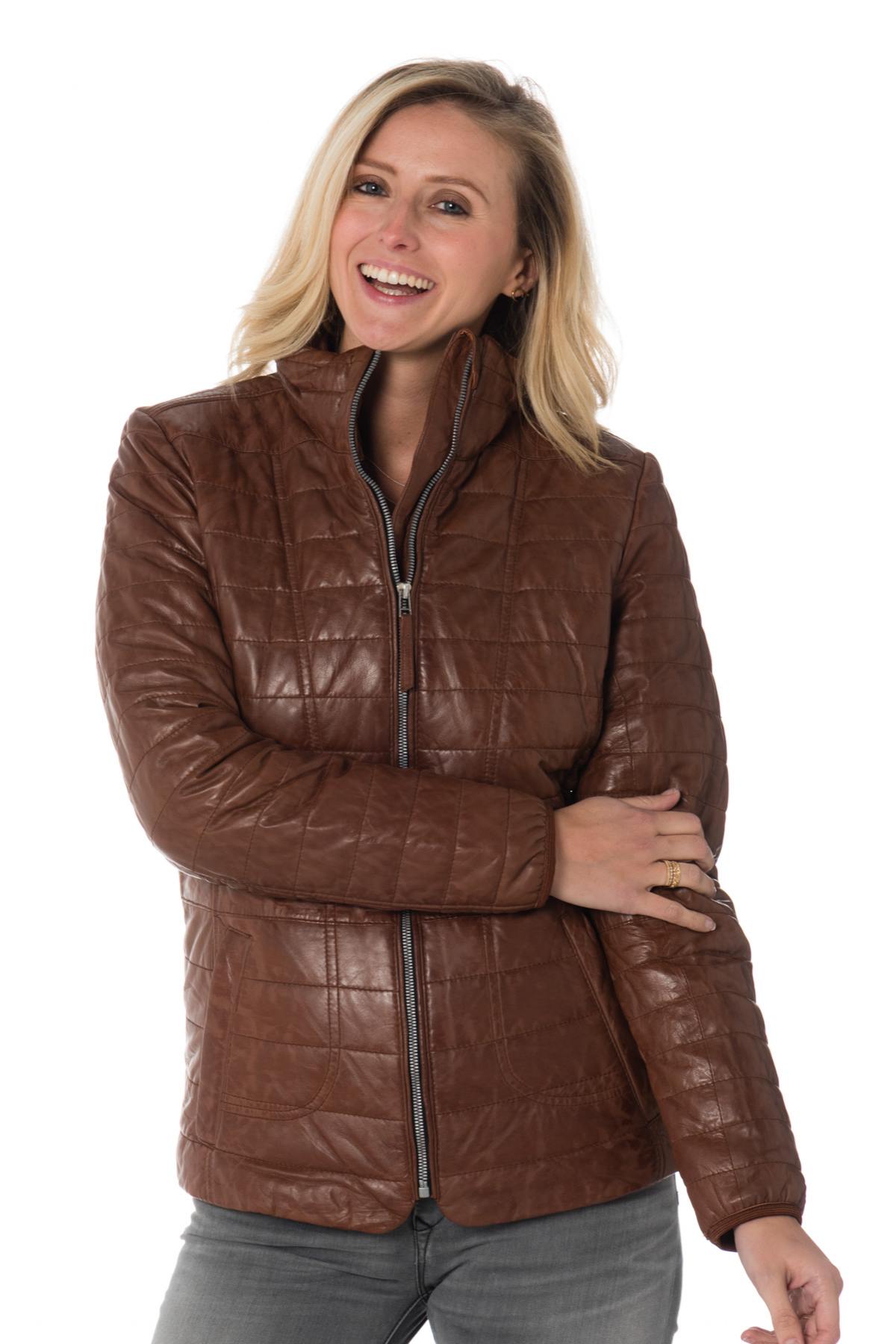 Women's fitted cognac down jacket - Image n°1