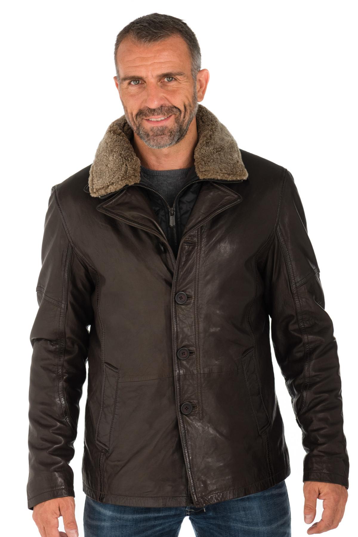  Men's sheepskin leather jacket with lambswool collar - Image n°1