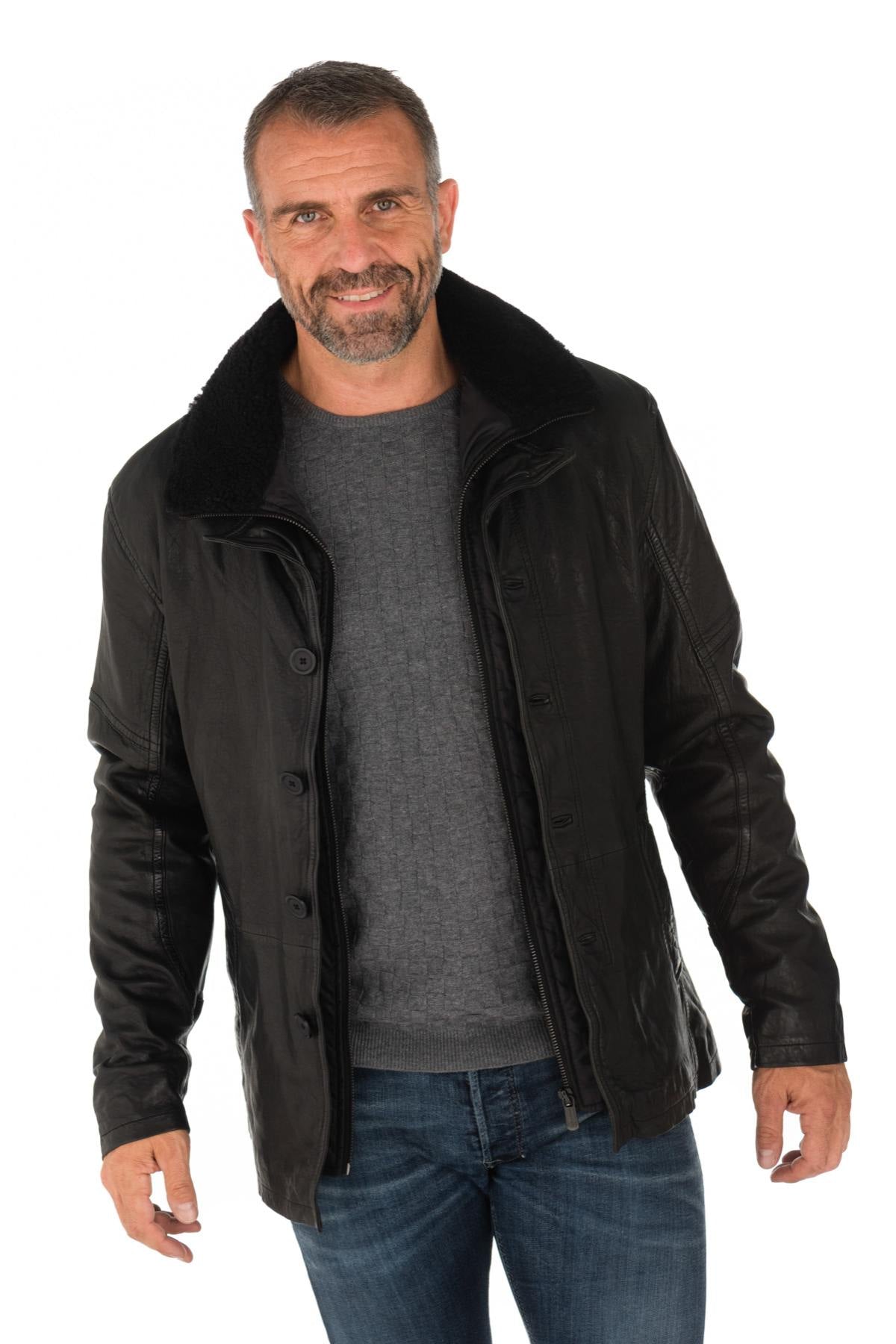 Black sheepskin leather jacket with wool collar - Image n°4