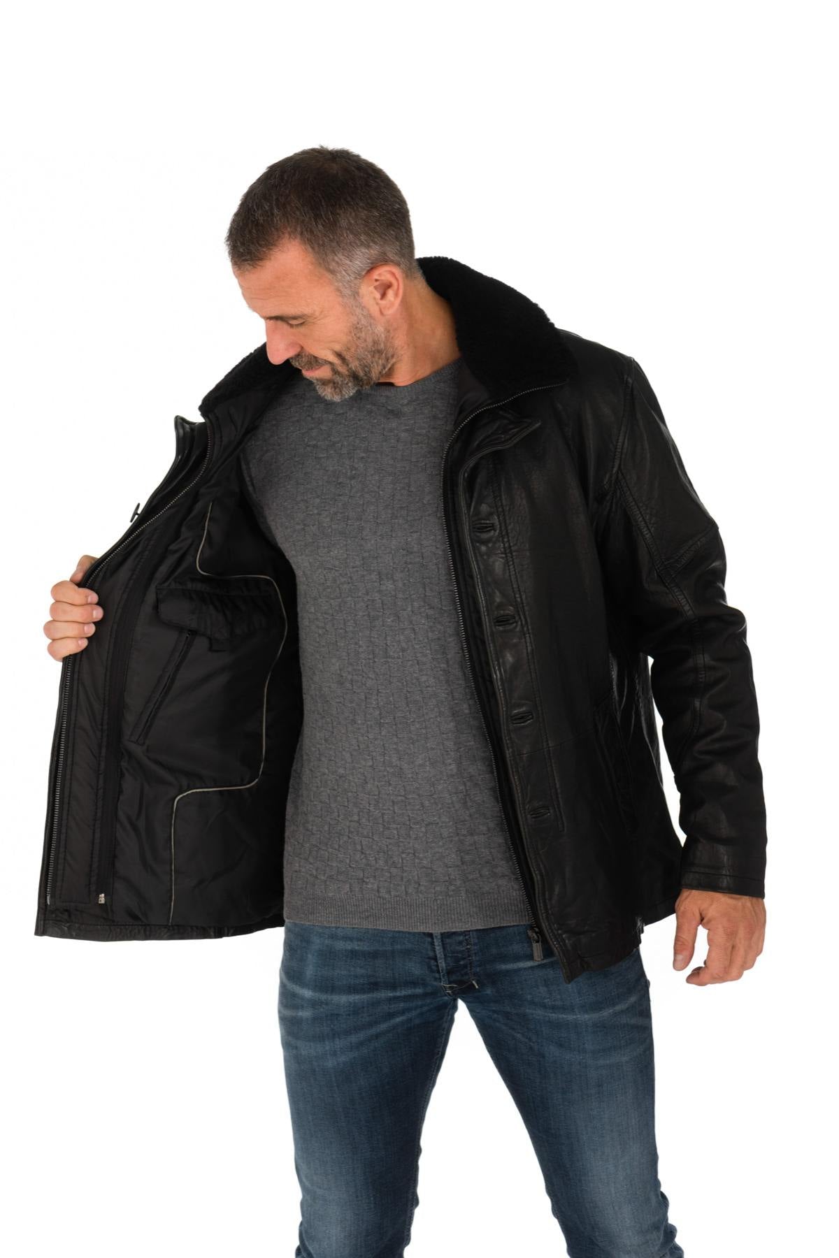 Black sheepskin leather jacket with wool collar - Image n°6