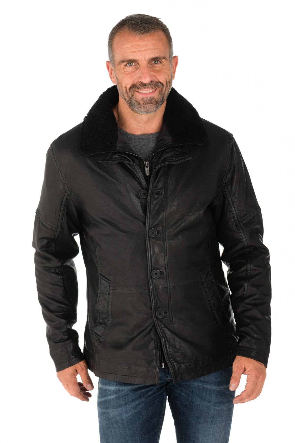 Black sheepskin leather jacket with wool collar - Image n°1