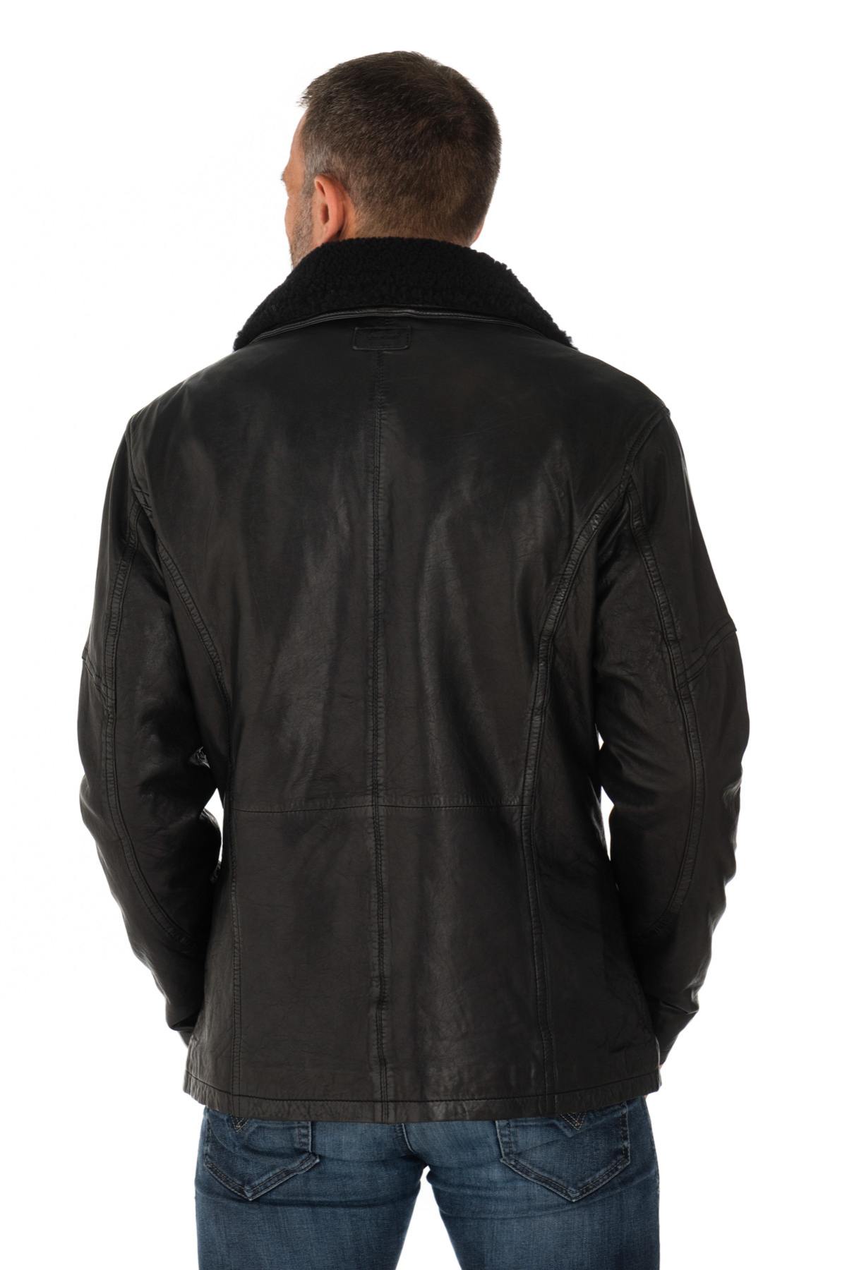 Black sheepskin leather jacket with wool collar - Image n°7