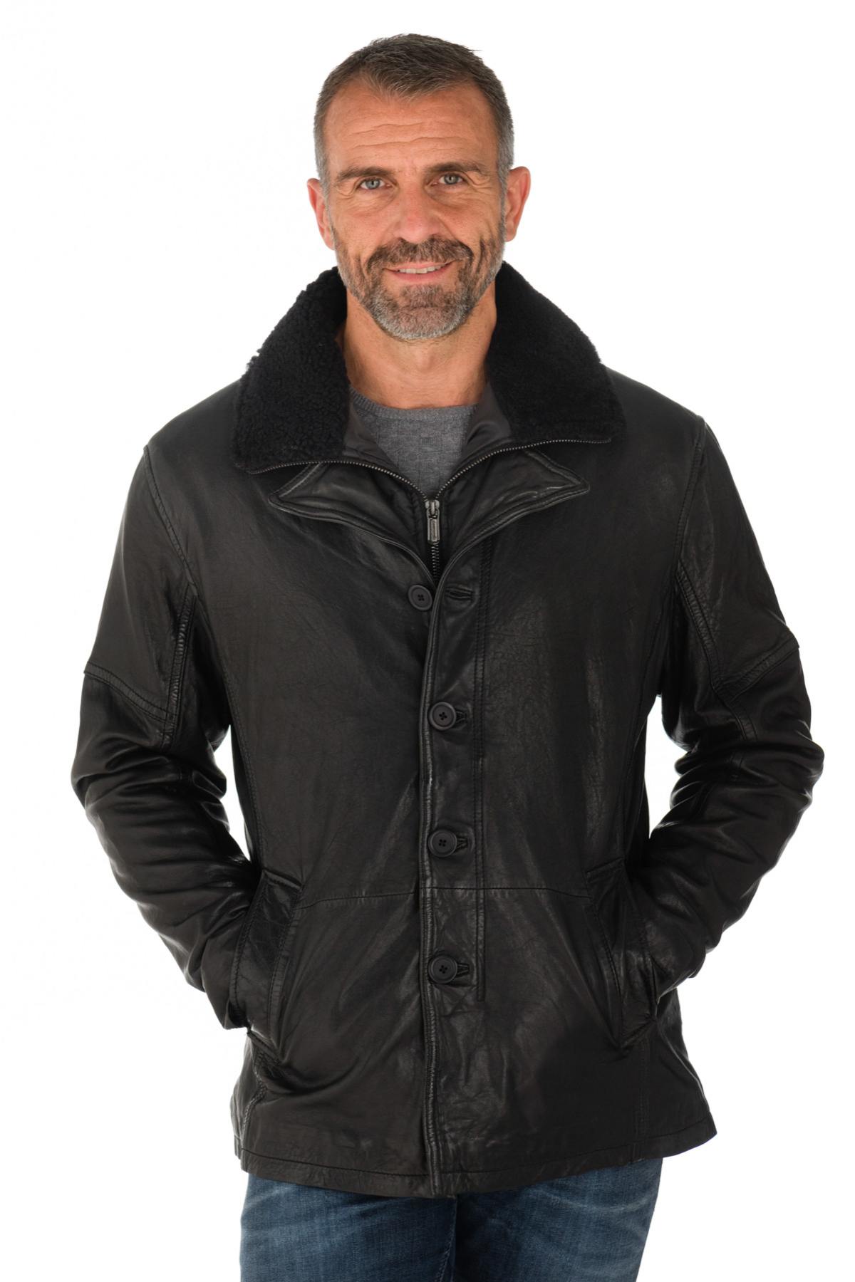 Black sheepskin leather jacket with wool collar - Image n°5