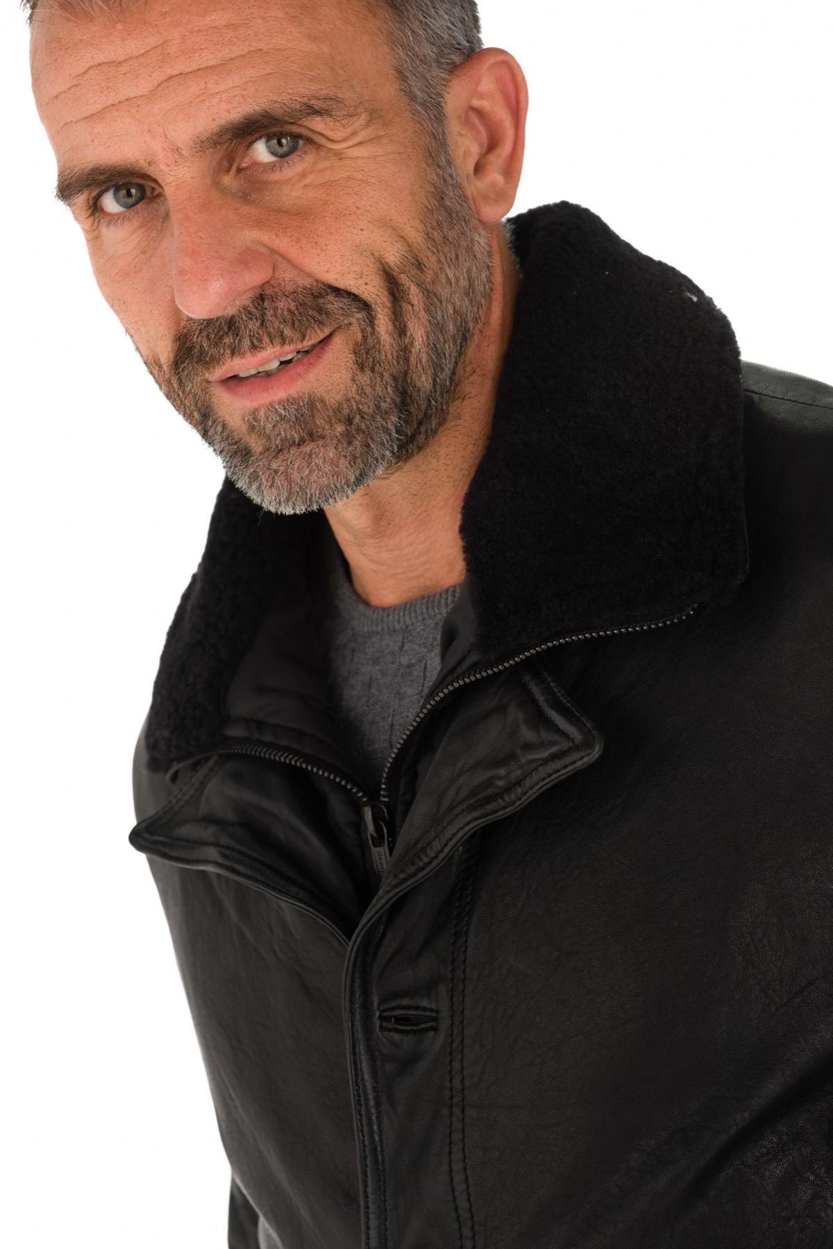 Black sheepskin leather jacket with wool collar - Image n°3