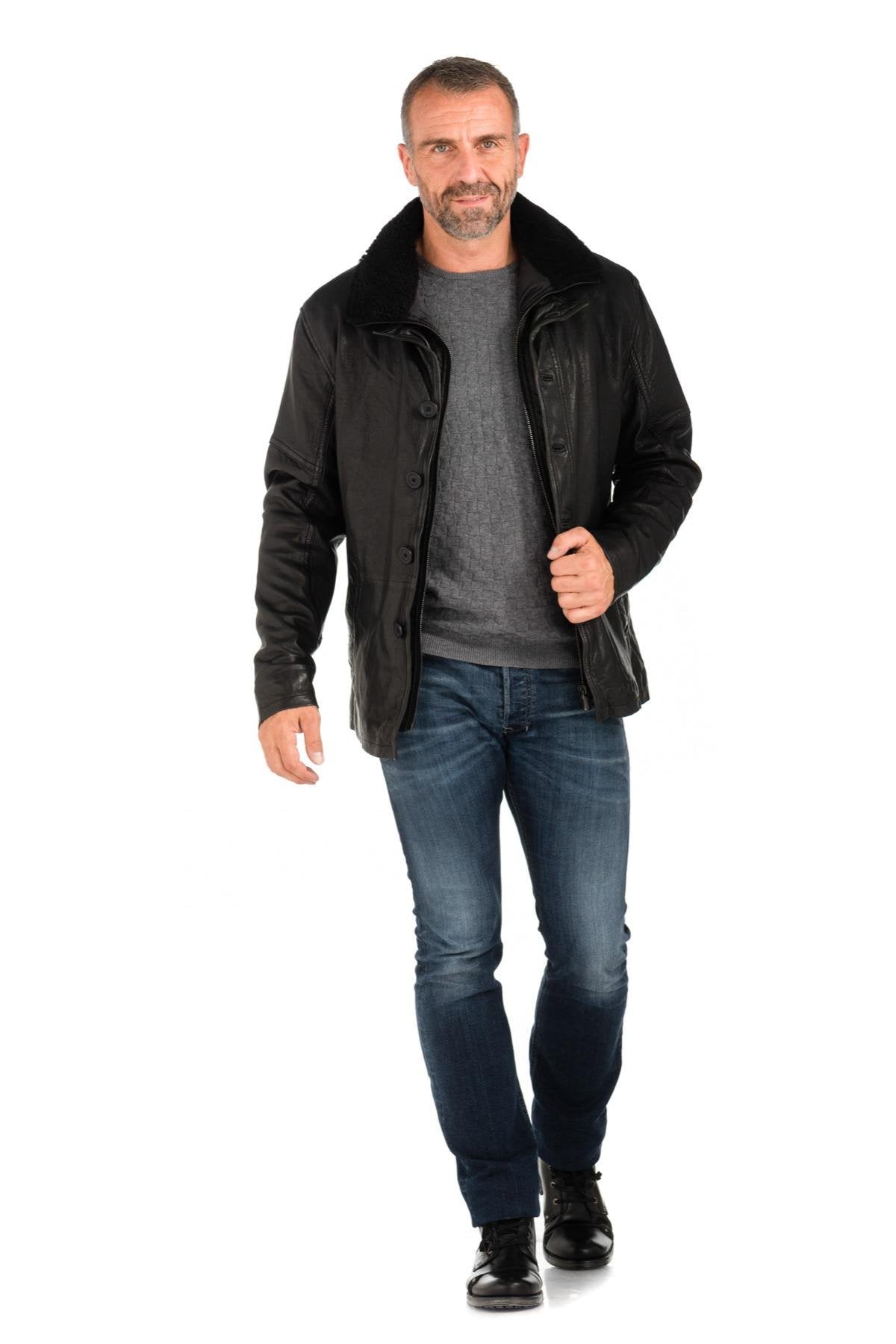 Black sheepskin leather jacket with wool collar - Image n°2