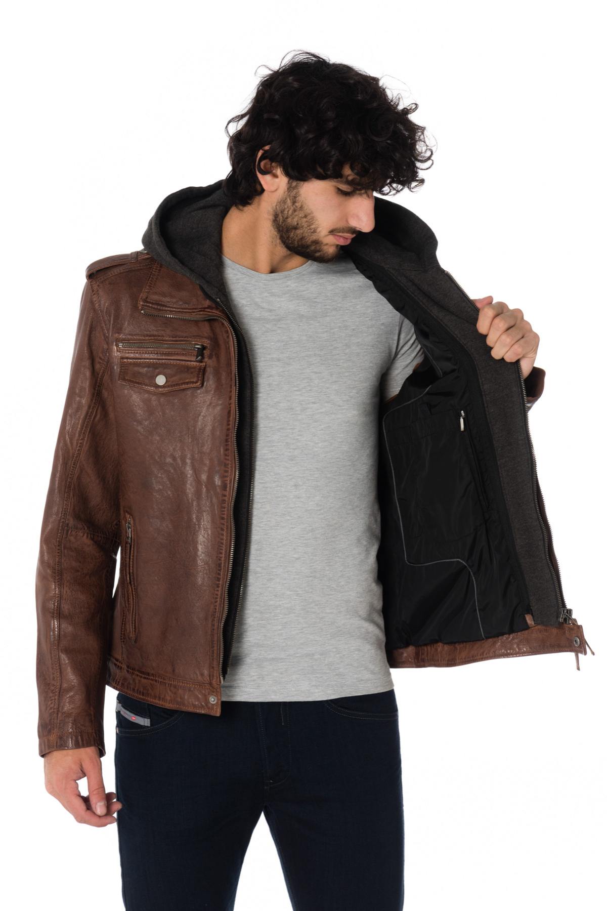 Lambskin leather jacket with sweat-effect hood - Image n°5