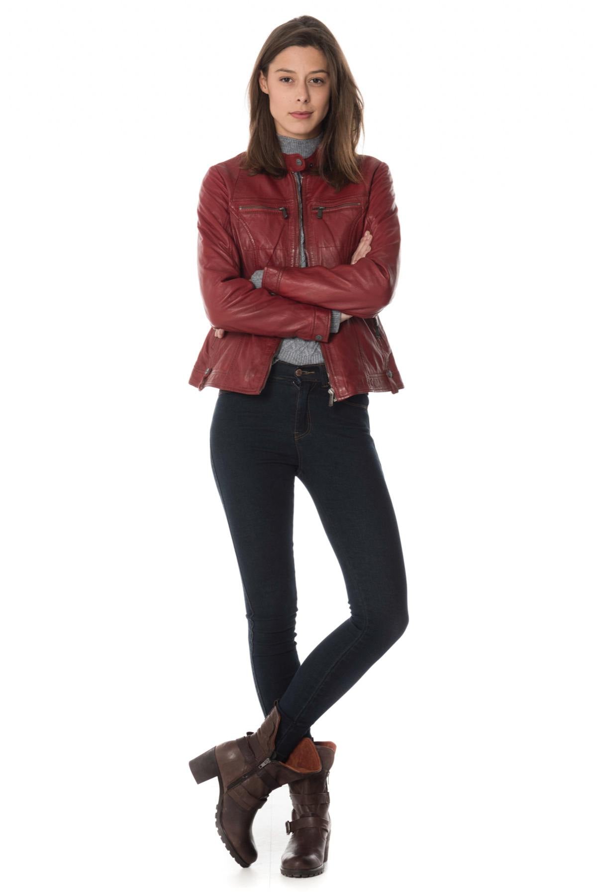 Women's red sheepskin leather jacket - Image n°2