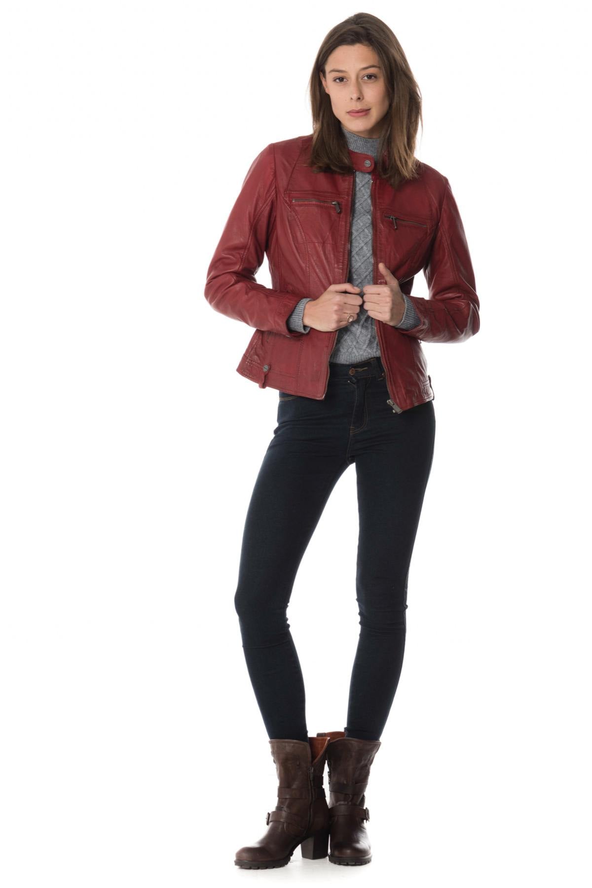 Women's red sheepskin leather jacket - Image n°4