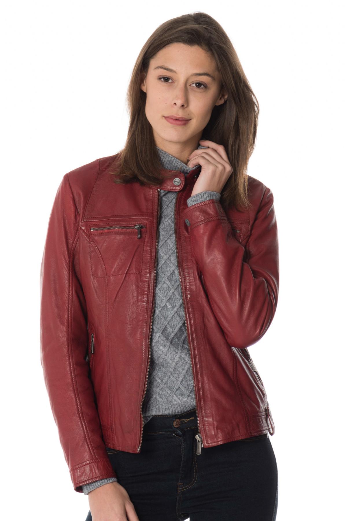 Women's red sheepskin leather jacket - Image n°1