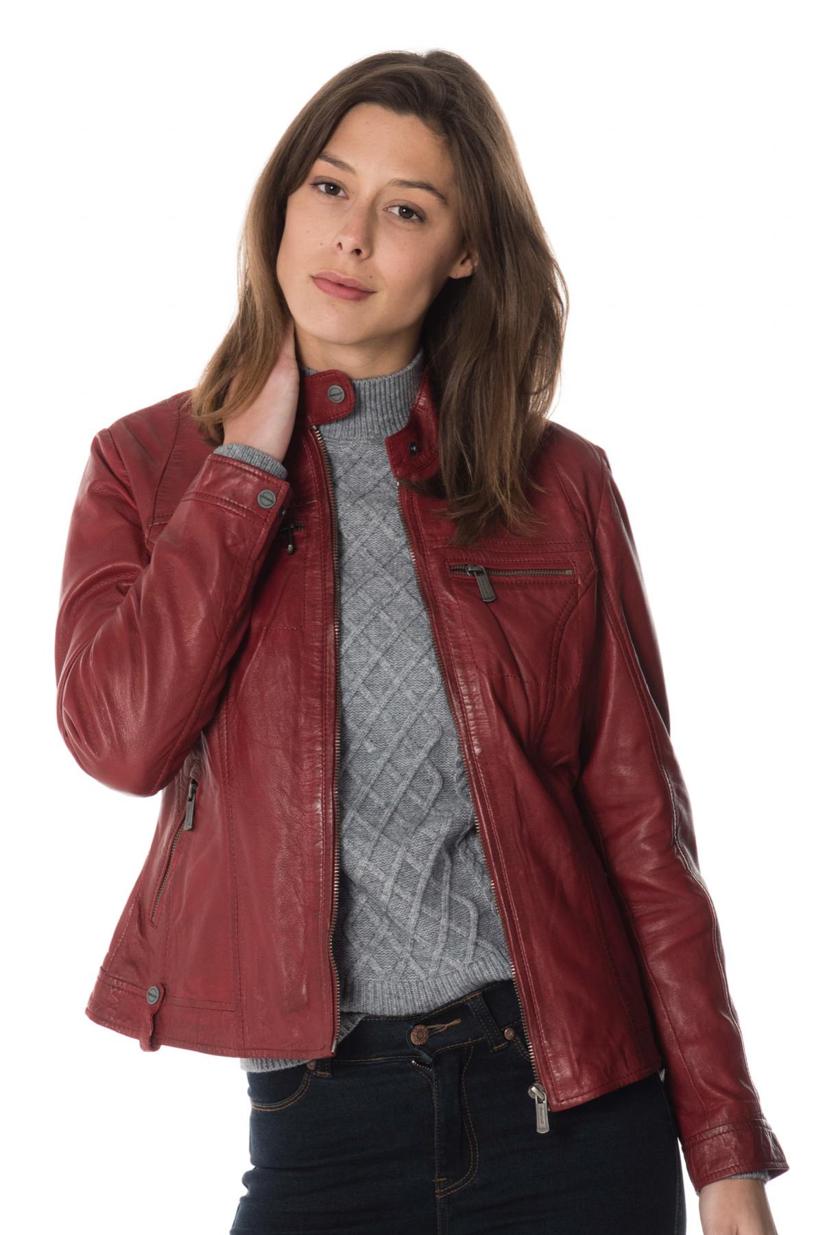 Women's red sheepskin leather jacket - Image n°5