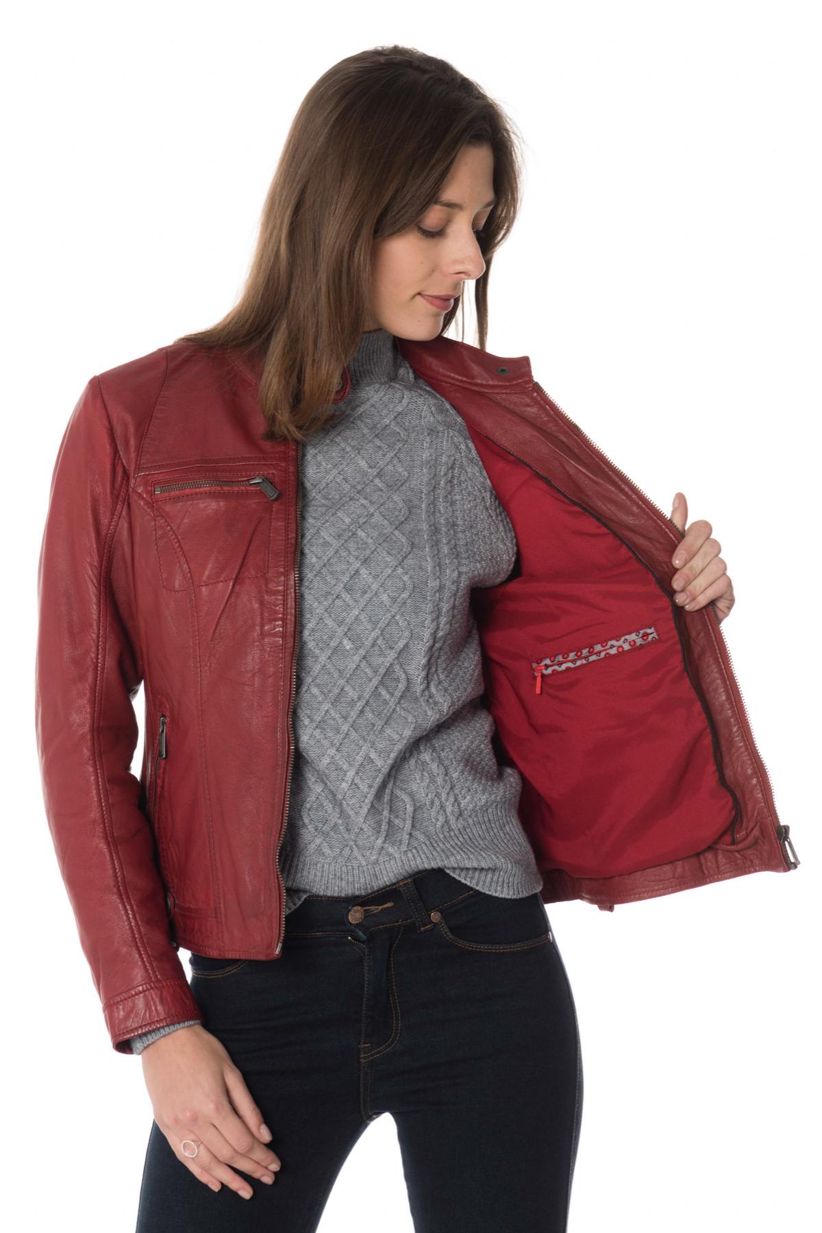 Women's red sheepskin leather jacket - Image n°6