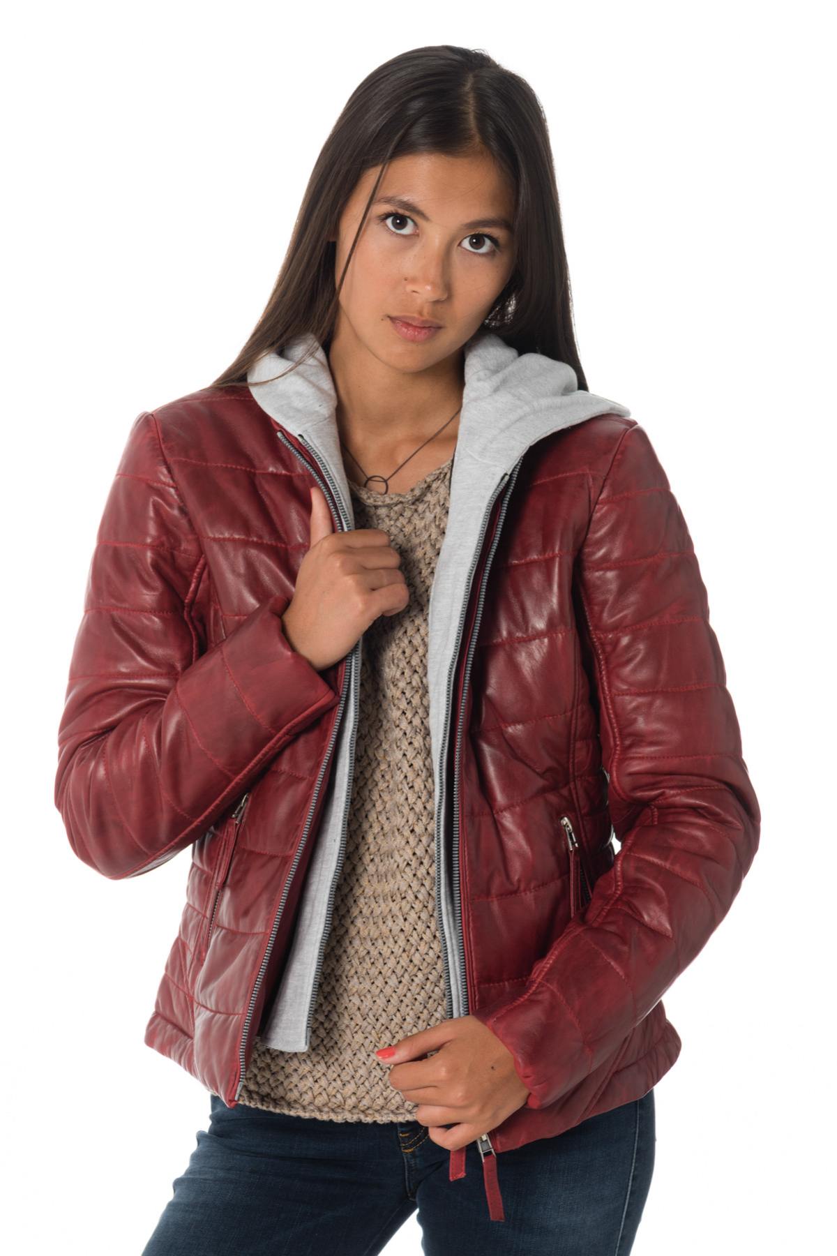 Red down jacket in sheepskin leather with hood - Image n°3