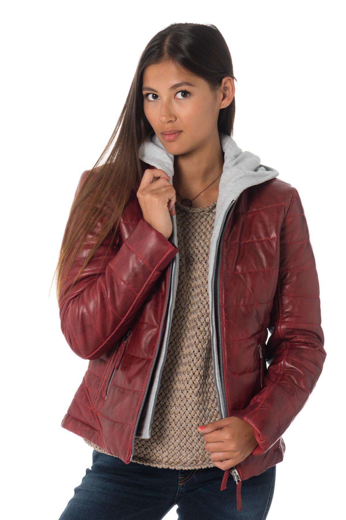 Red down jacket in sheepskin leather with hood - Image n°4