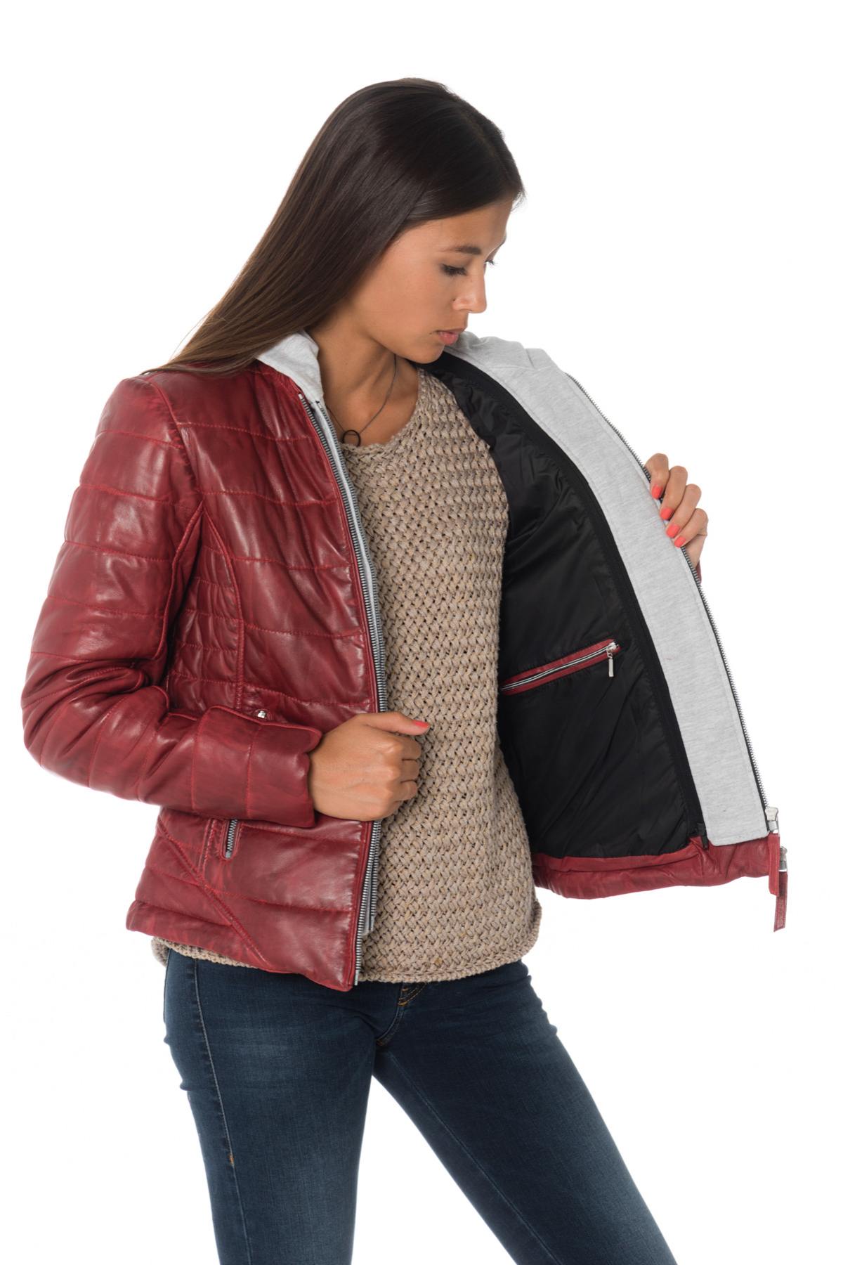 Red down jacket in sheepskin leather with hood - Image n°6