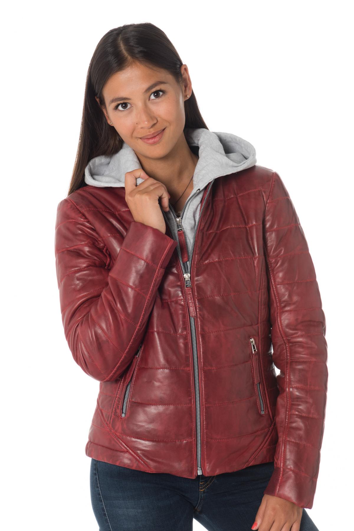 Red down jacket in sheepskin leather with hood - Image n°5