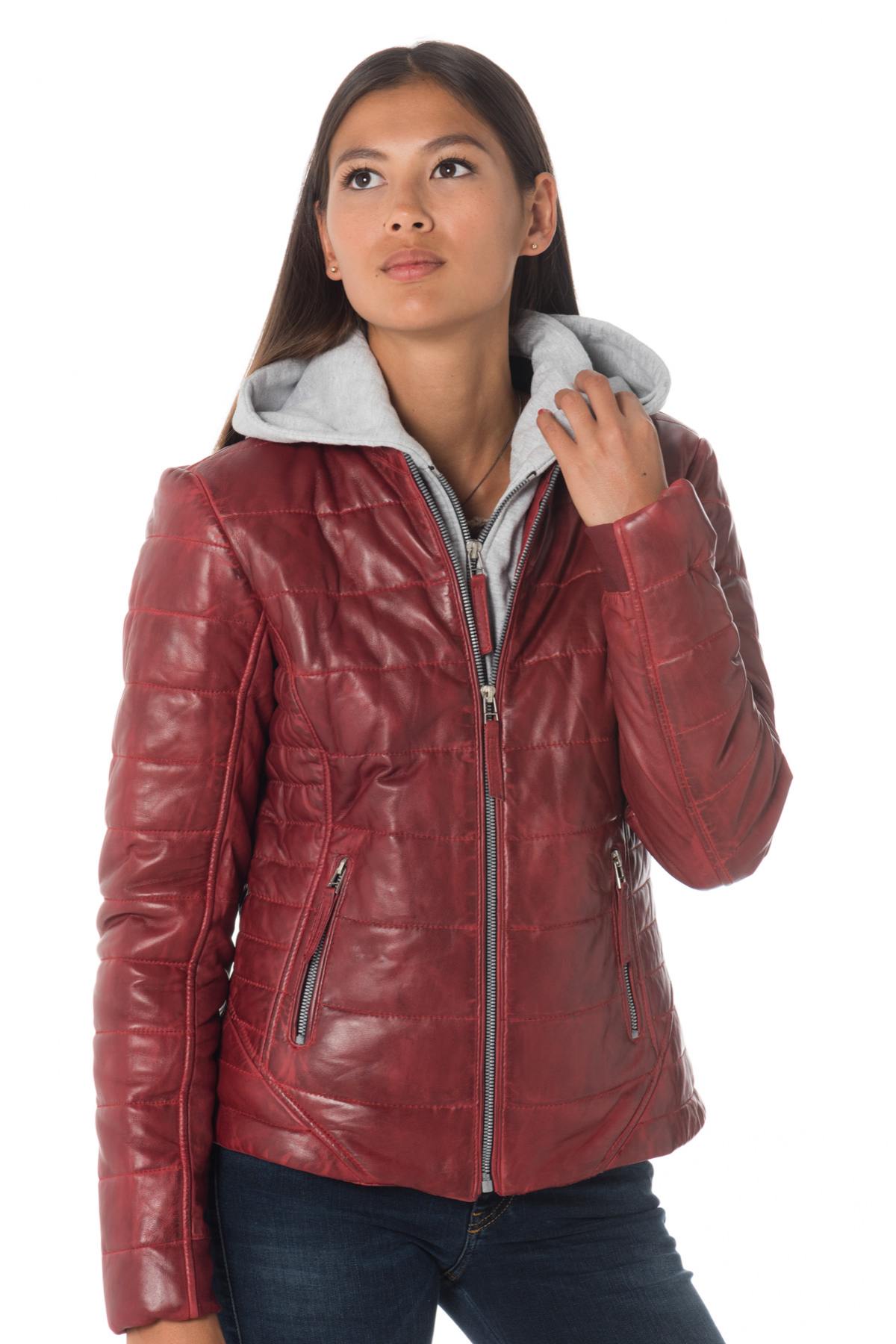 Red down jacket in sheepskin leather with hood - Image n°1