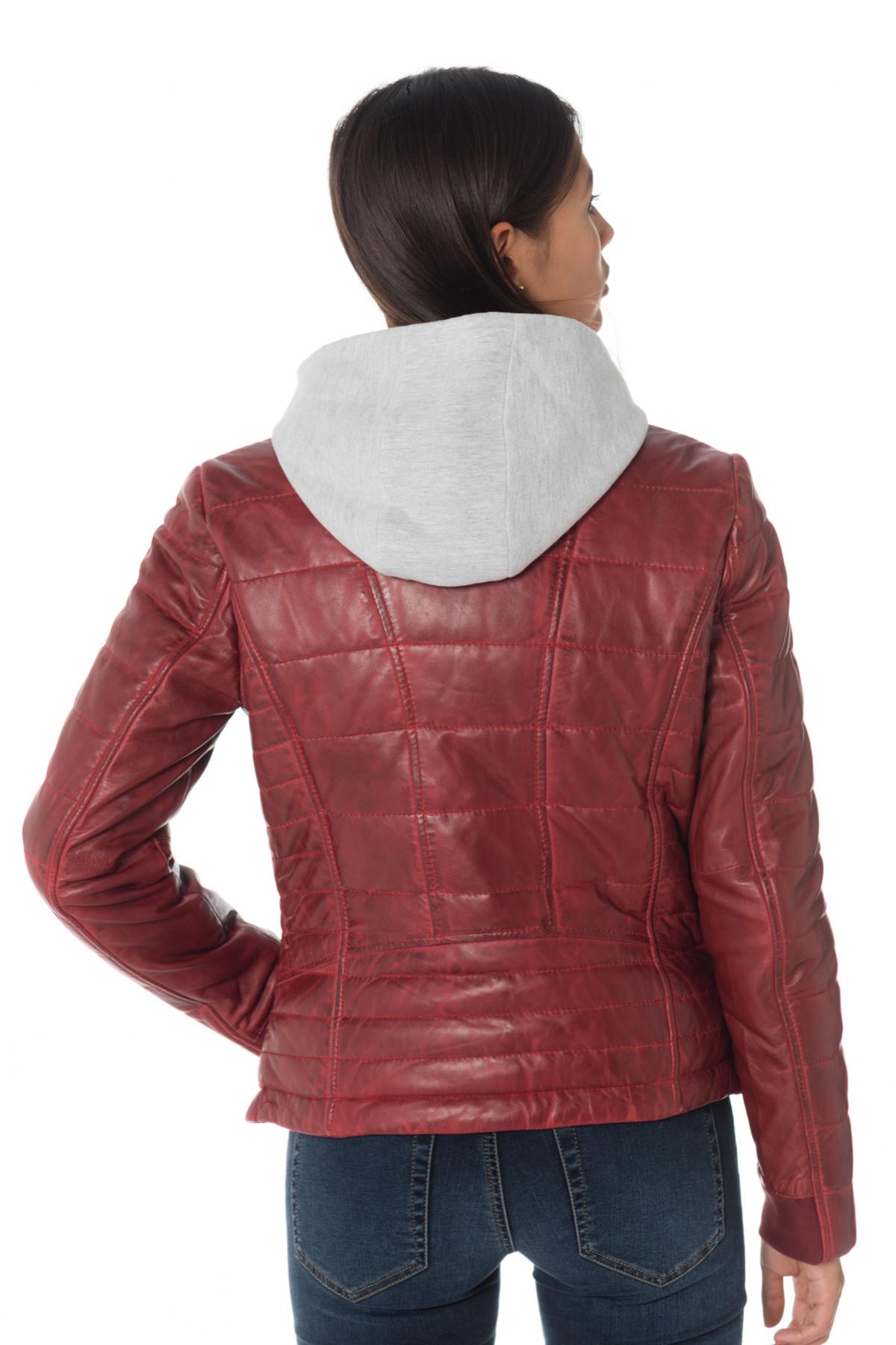 Red down jacket in sheepskin leather with hood - Image n°7