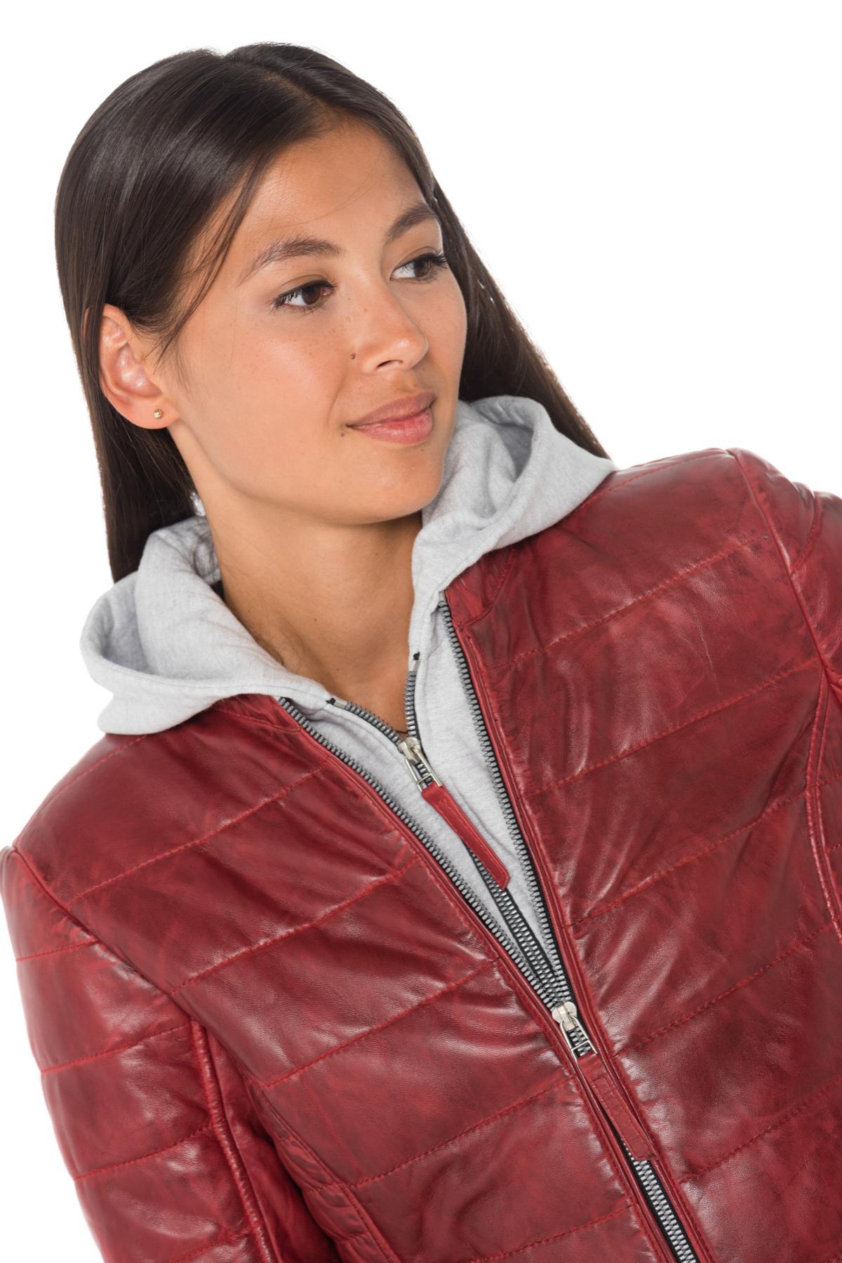 Red down jacket in sheepskin leather with hood - Image n°8