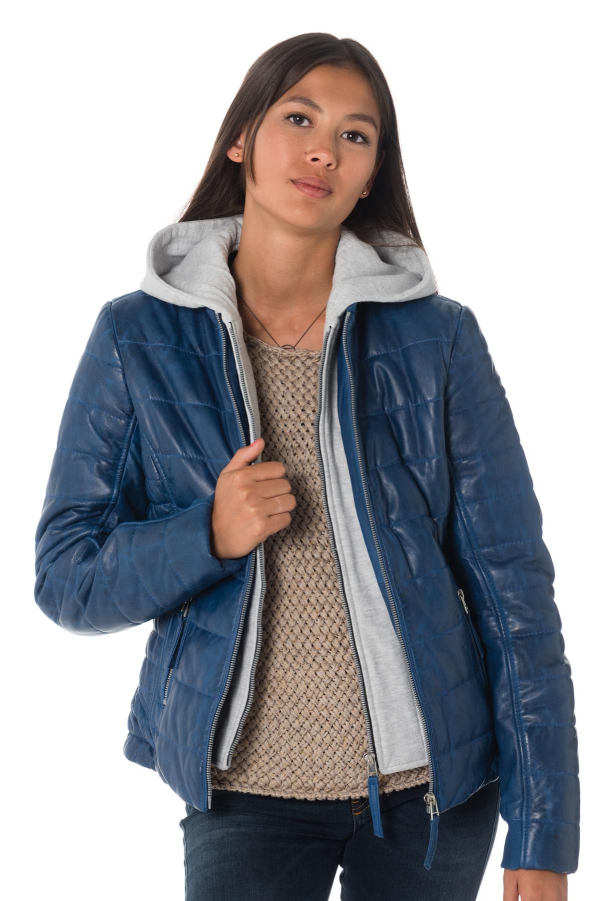 Blue leather down jacket with hood - Image n°3