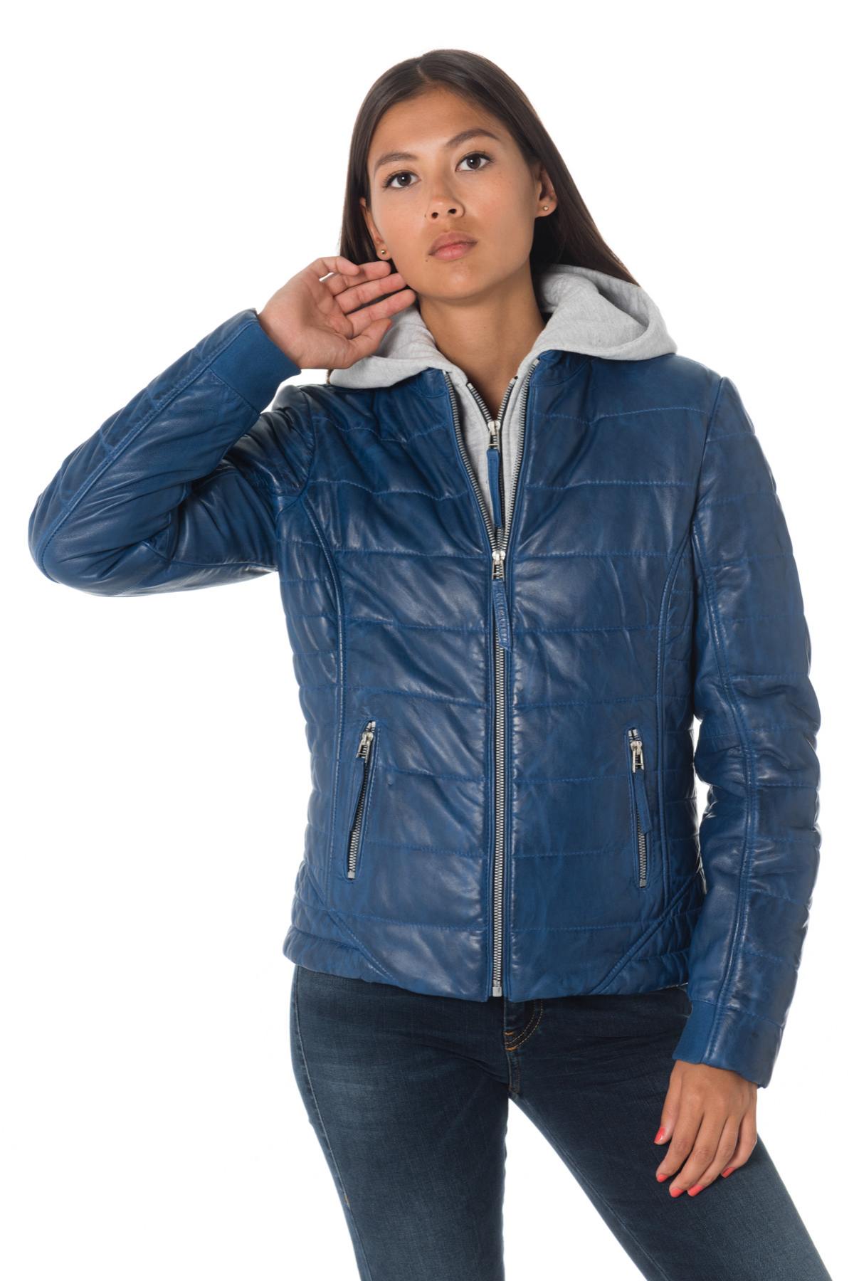 Blue leather down jacket with hood - Image n°6