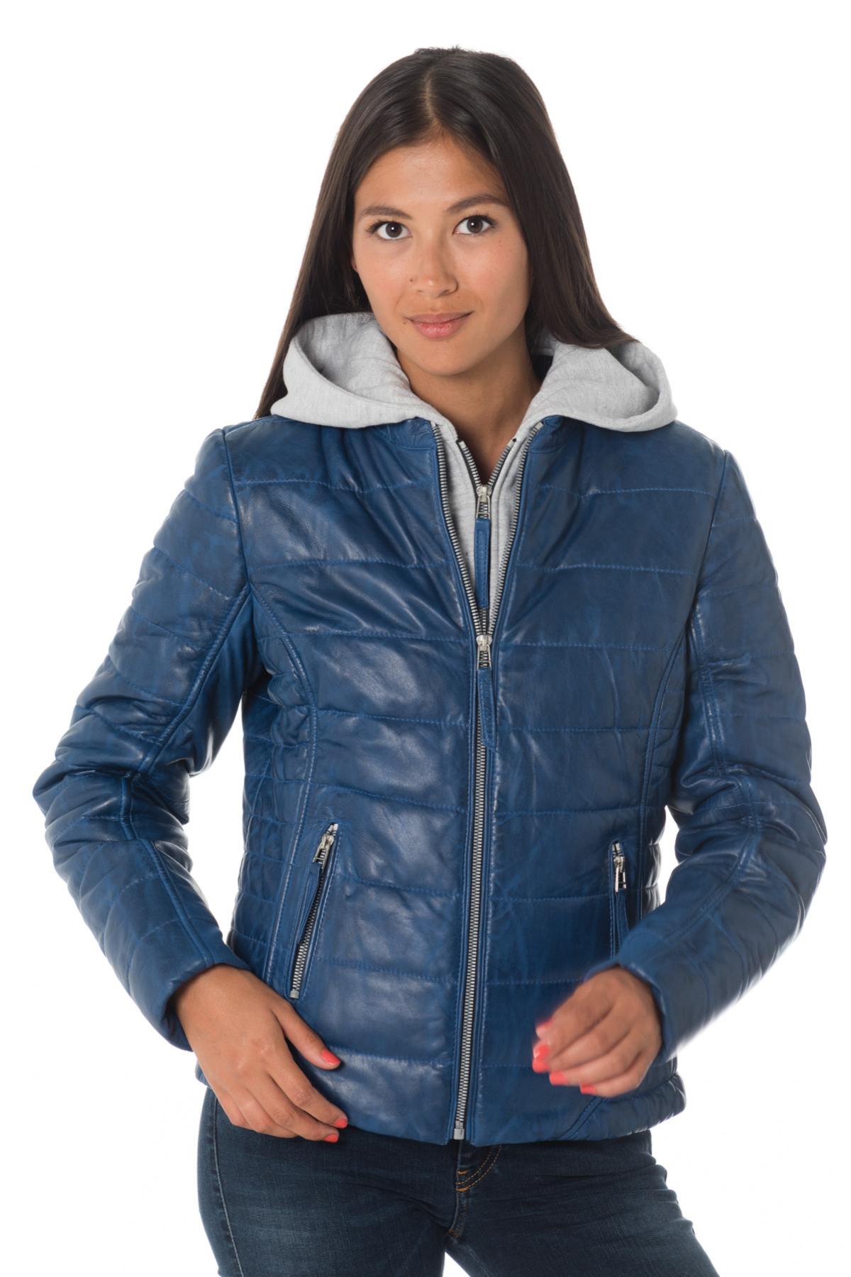 Blue leather down jacket with hood - Image n°1