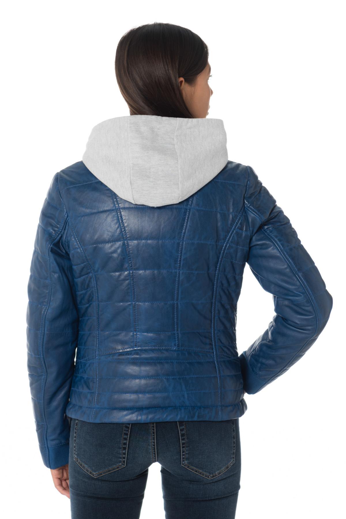 Blue leather down jacket with hood - Image n°7