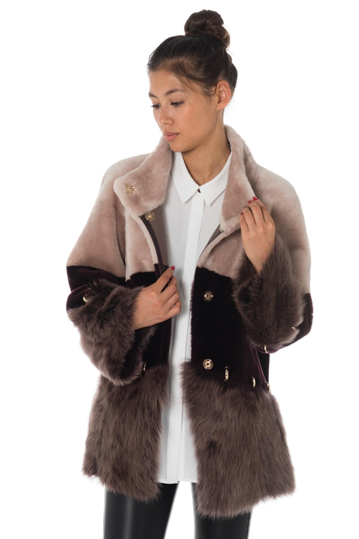 Women's pink and burgundy sheep fur jacket - Image n°3