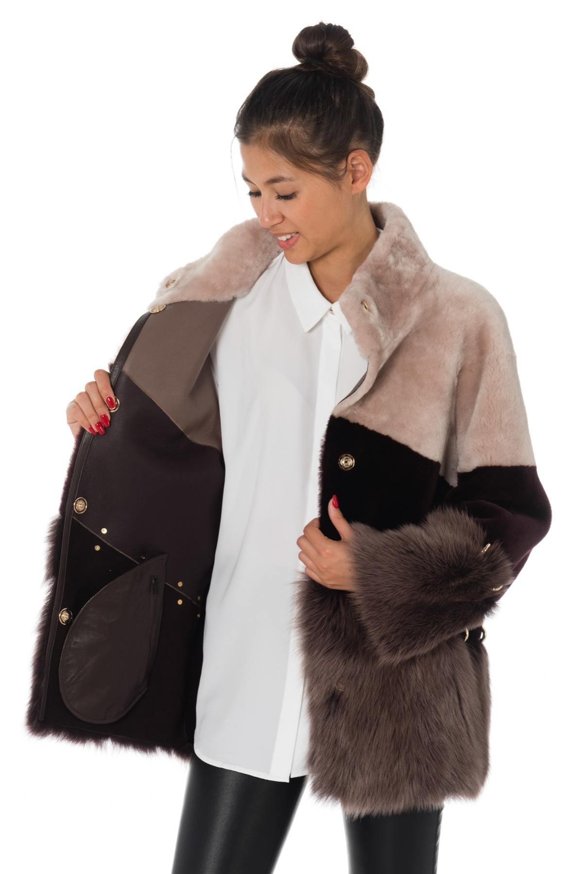 Women's pink and burgundy sheep fur jacket - Image n°7