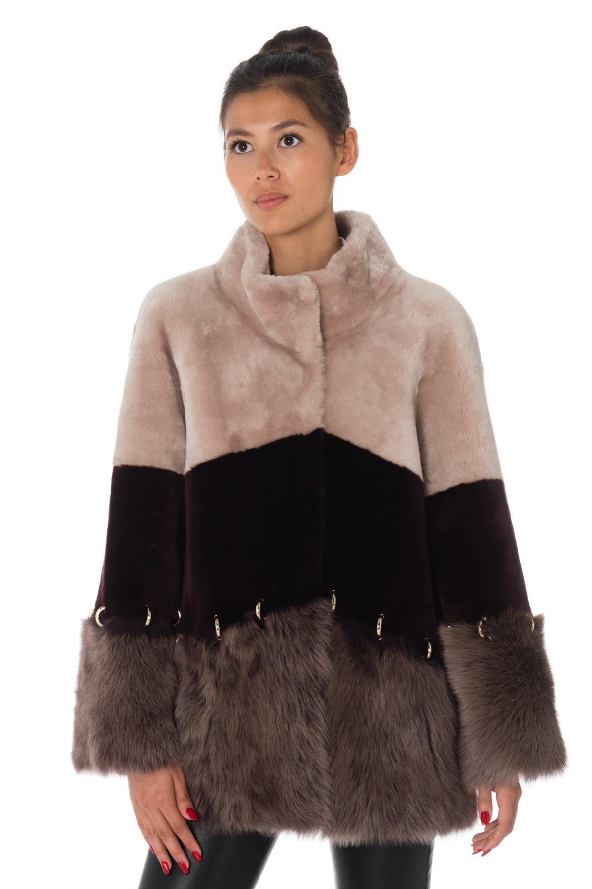 Women's pink and burgundy sheep fur jacket - Image n°6