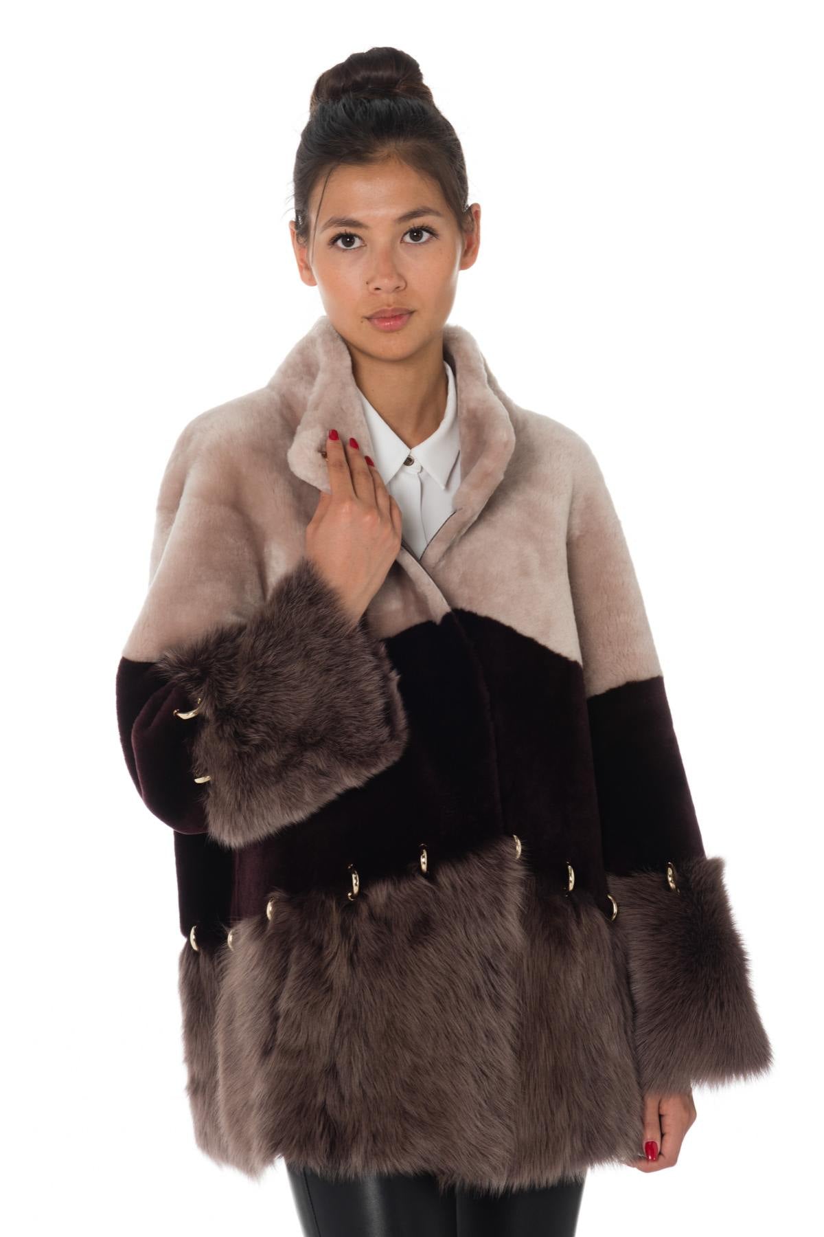 Women's pink and burgundy sheep fur jacket - Image n°1