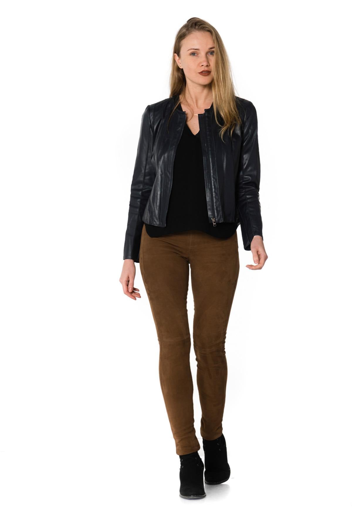 Women's navy blue leather jacket - Image n°2