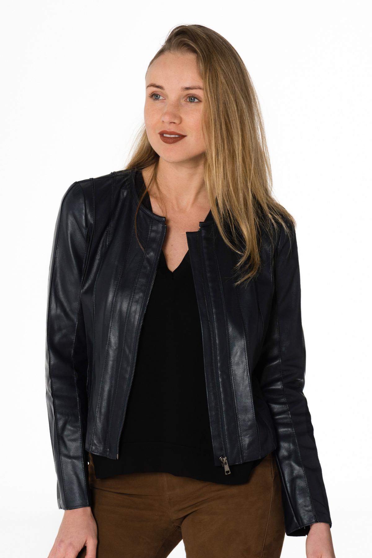 Women's navy blue leather jacket - Image n°4