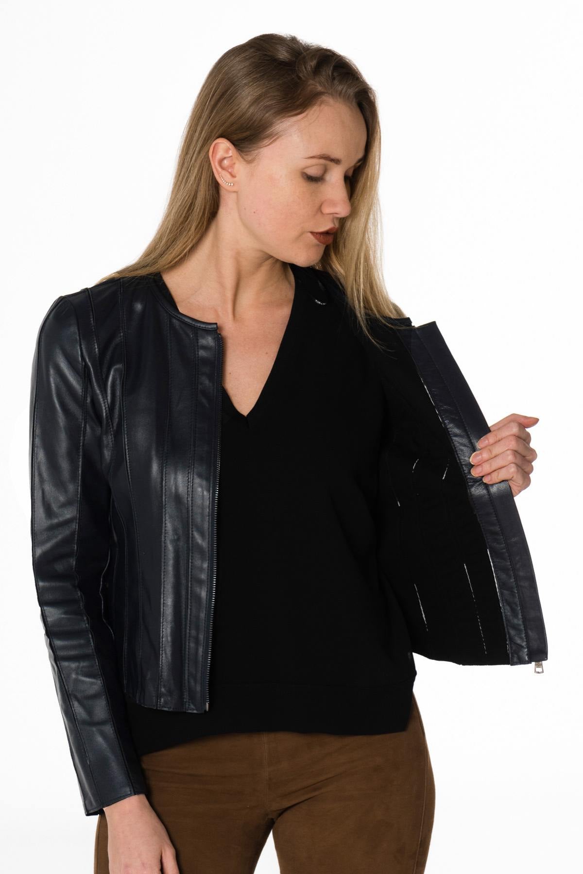 Women's navy blue leather jacket - Image n°6