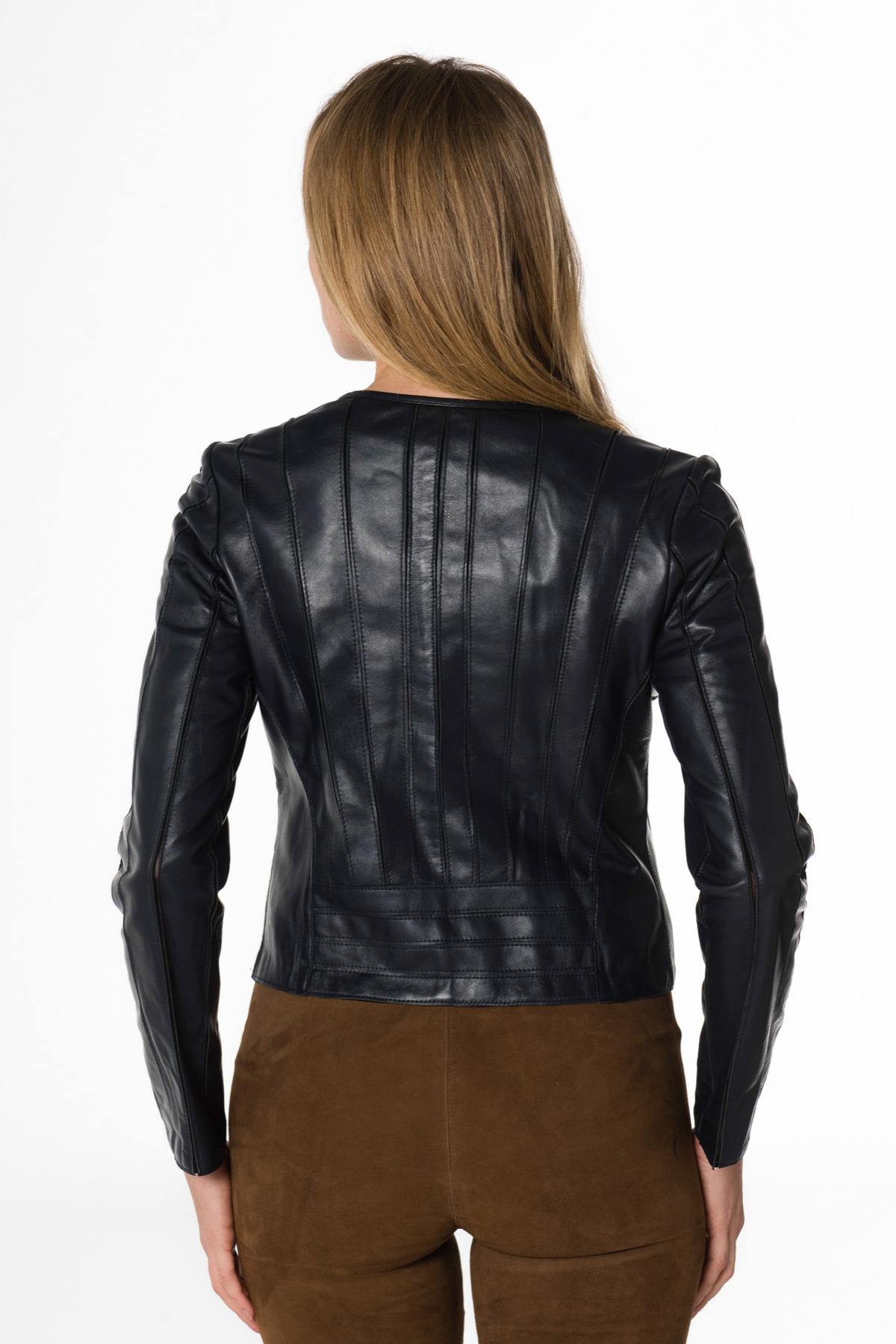 Women's navy blue leather jacket - Image n°5