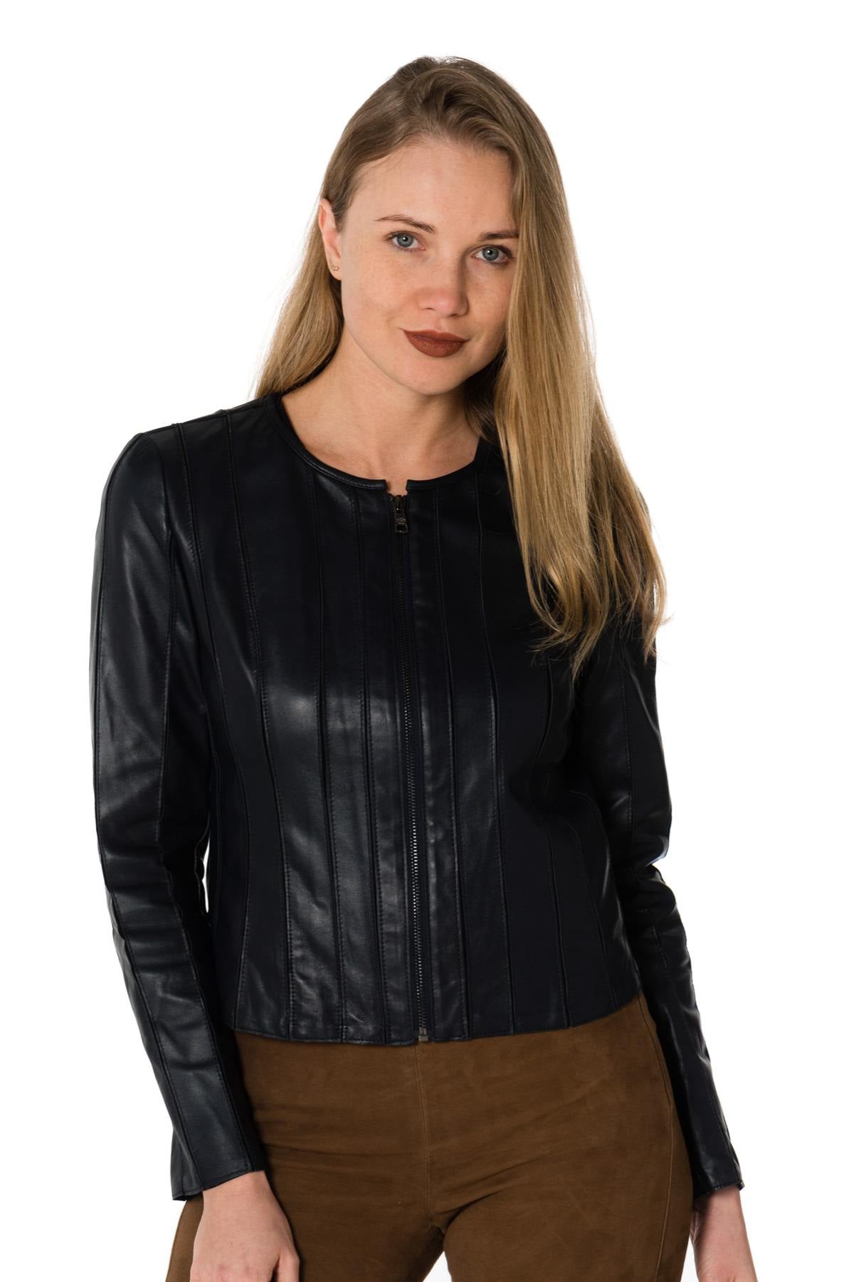 Women's navy blue leather jacket - Image n°3