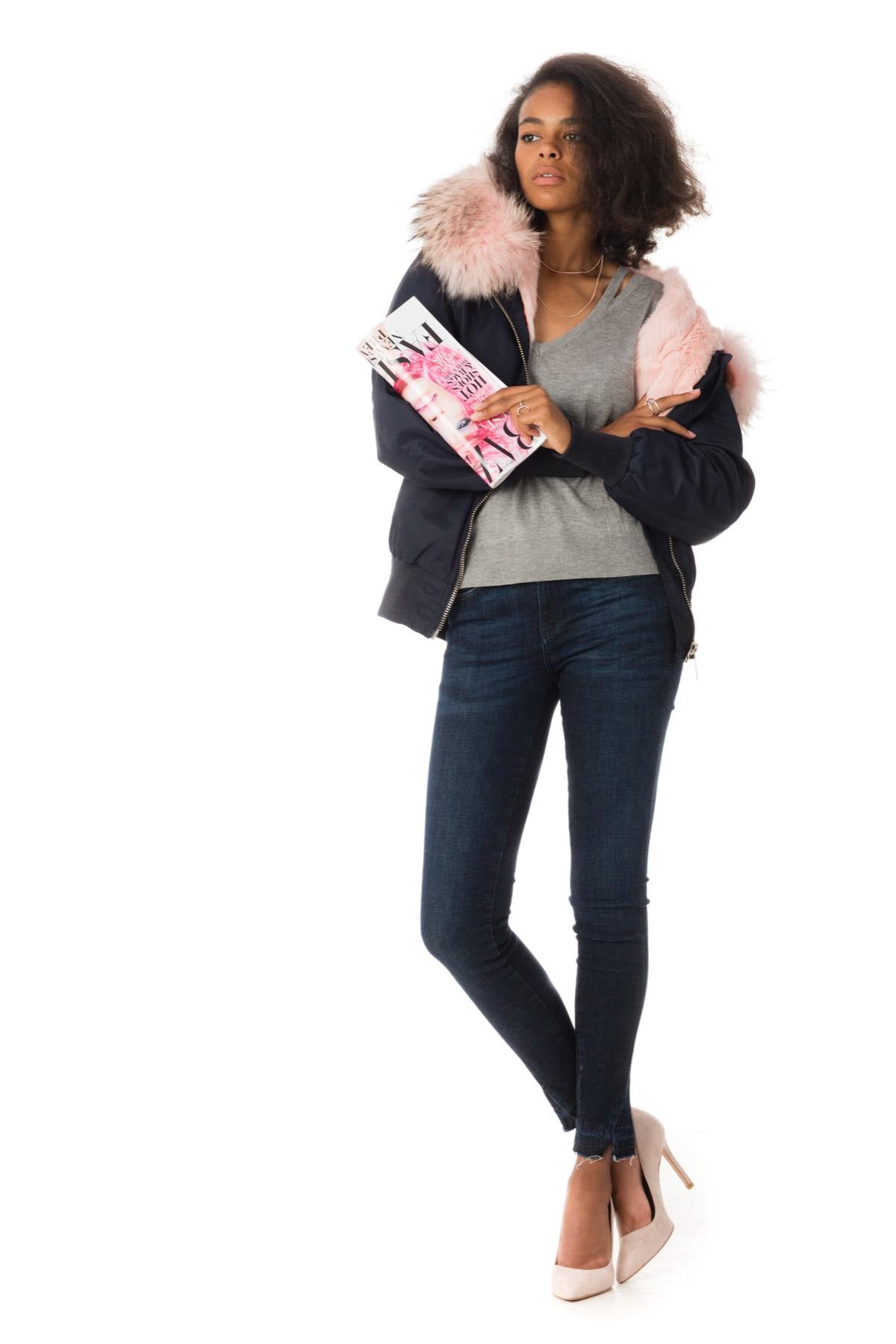 Navy blue bomber with pink fur - Image n°2