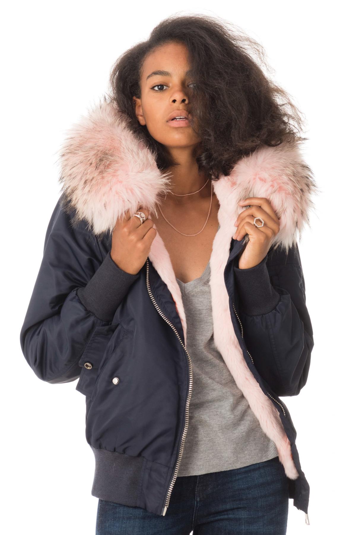 Navy blue bomber with pink fur - Image n°1