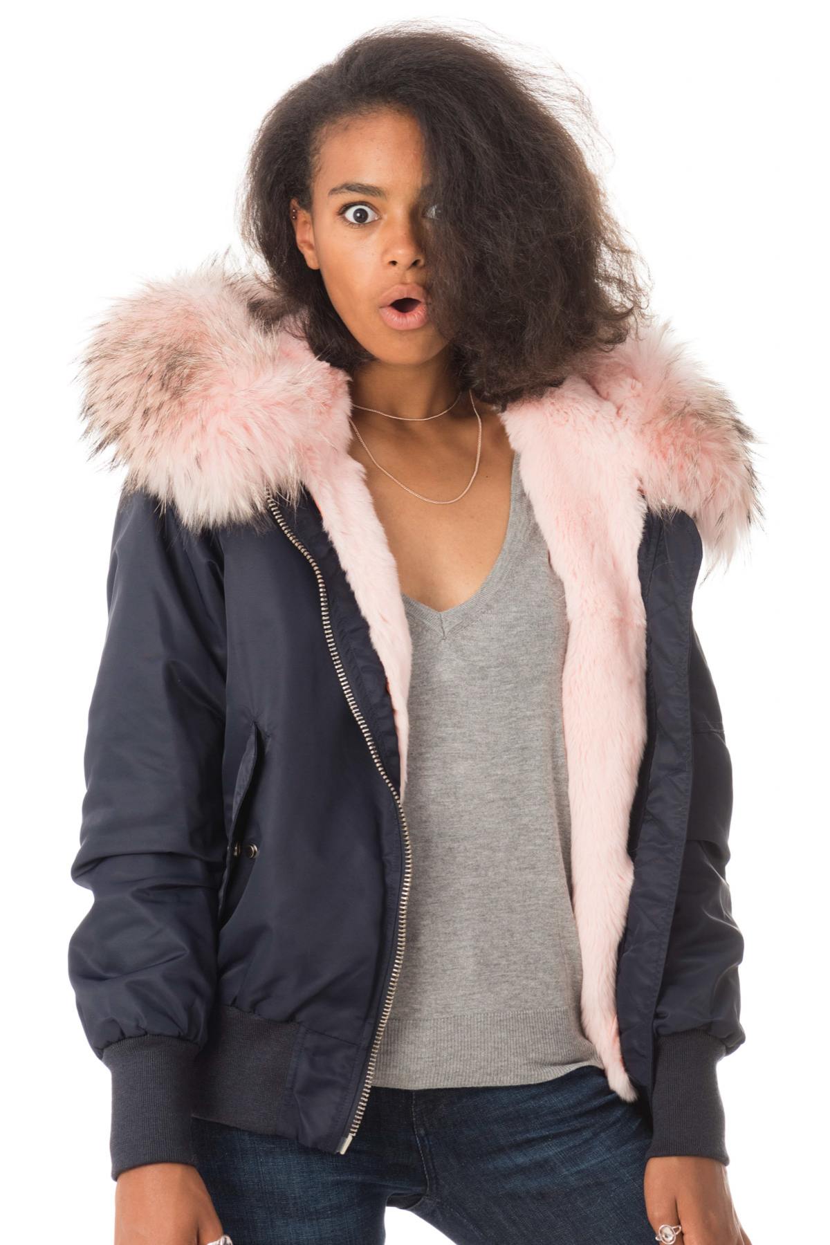 Navy blue bomber with pink fur - Image n°5