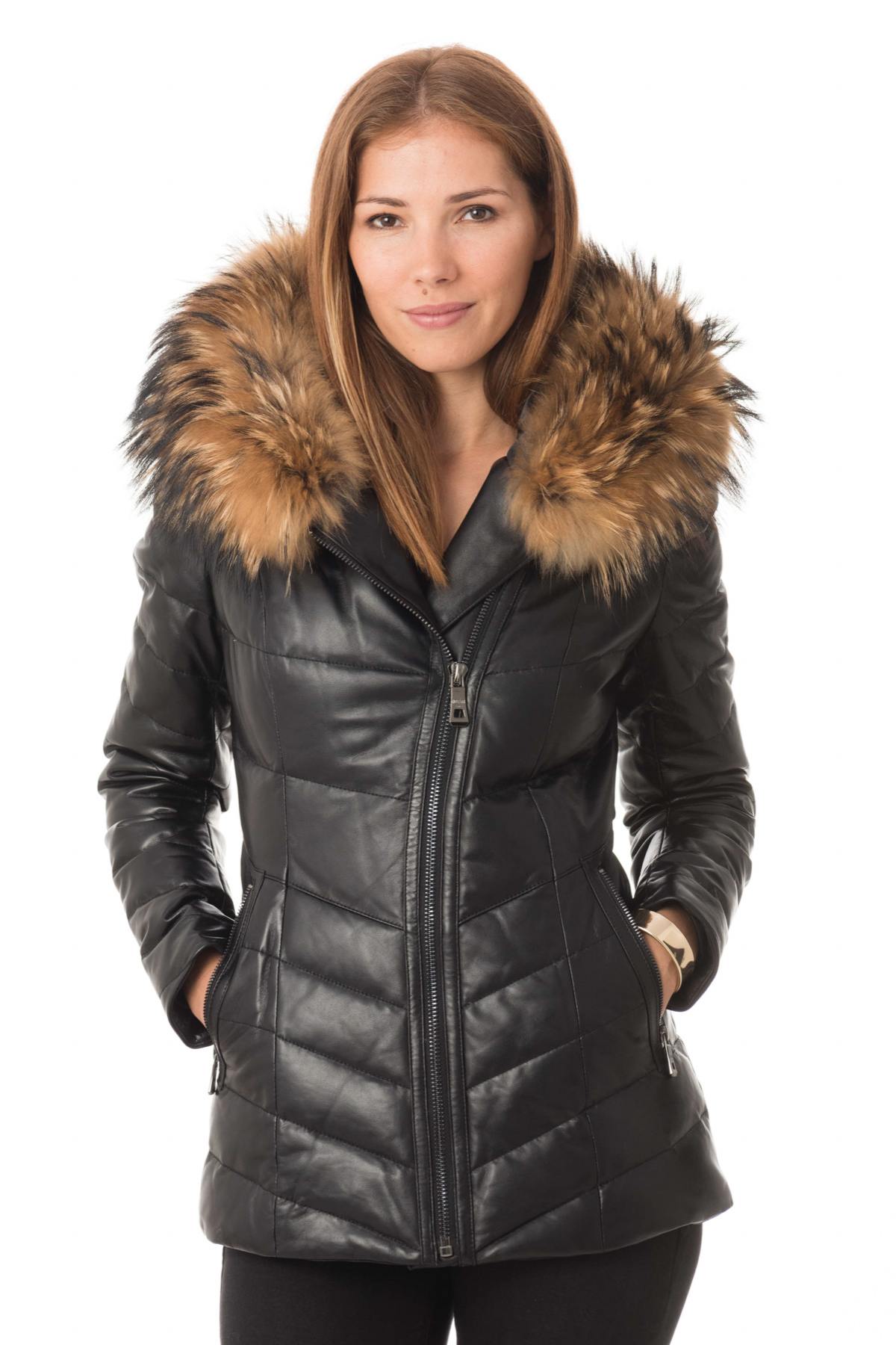  Black down jacket with raccoon fur - Image n°1