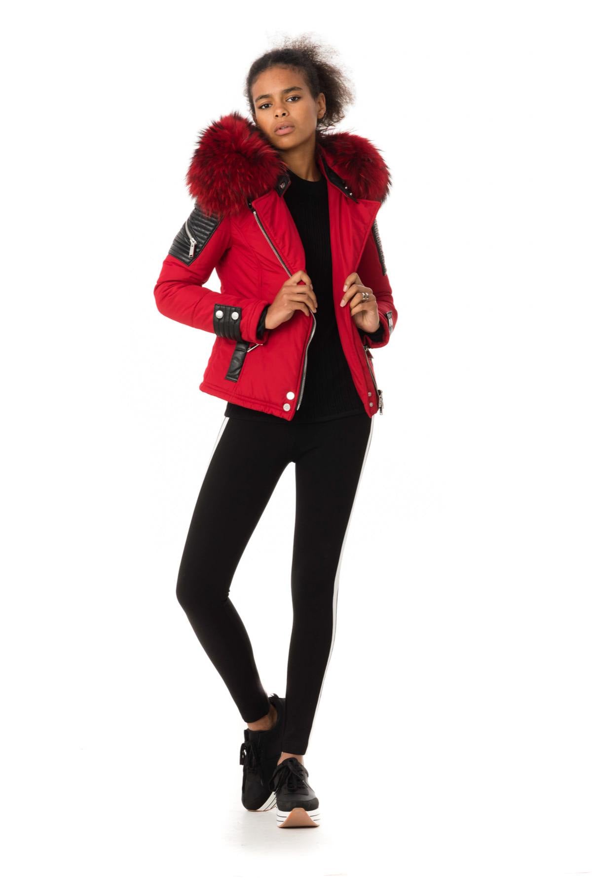 Women's red down jacket with red collar - Image n°2