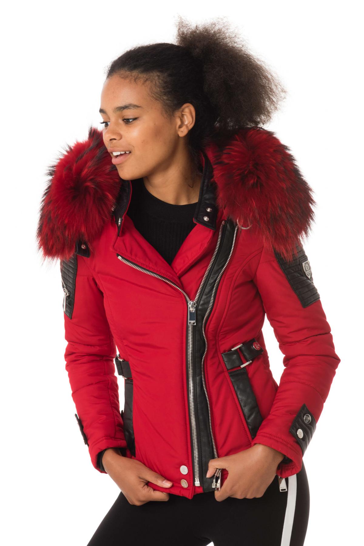 Women's red down jacket with red collar - Image n°1