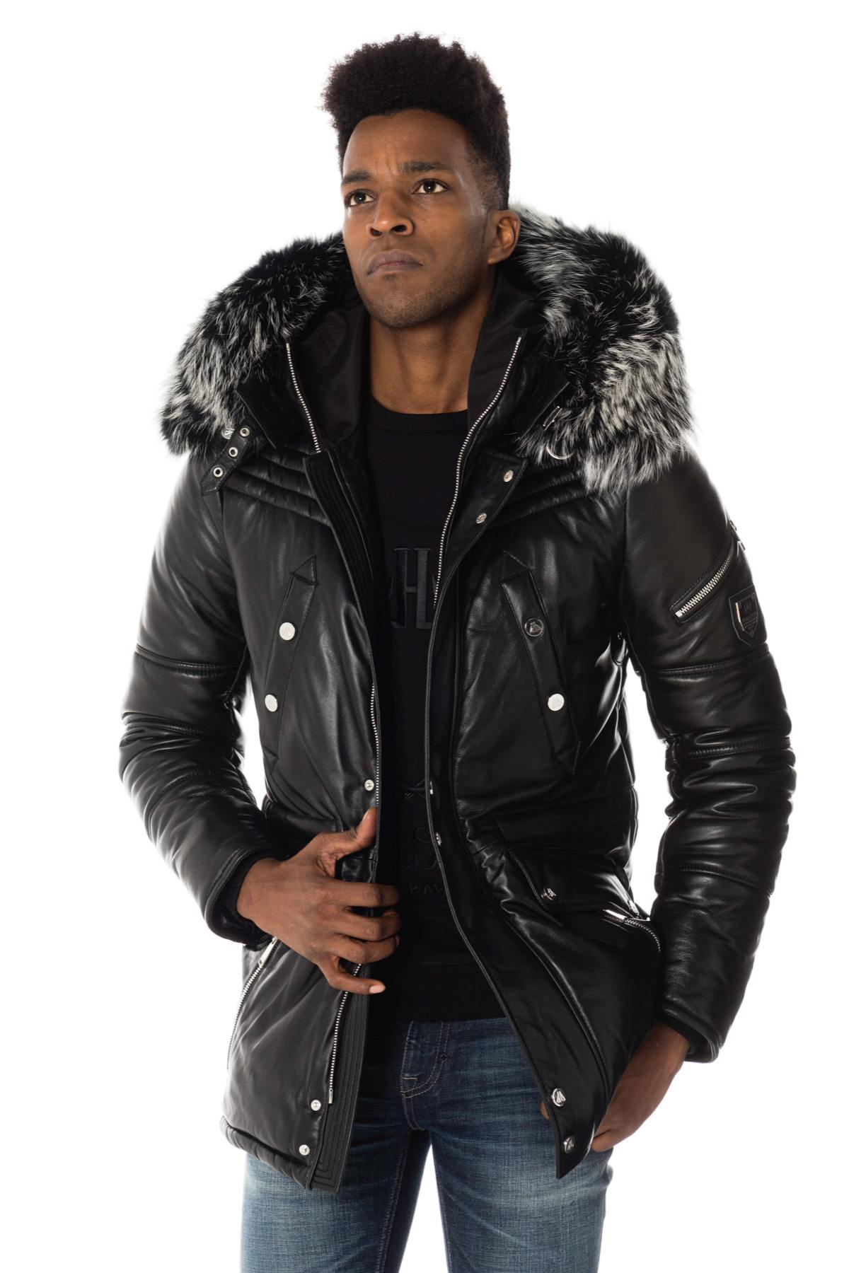 Leather parka with silver fur collar - Image n°3