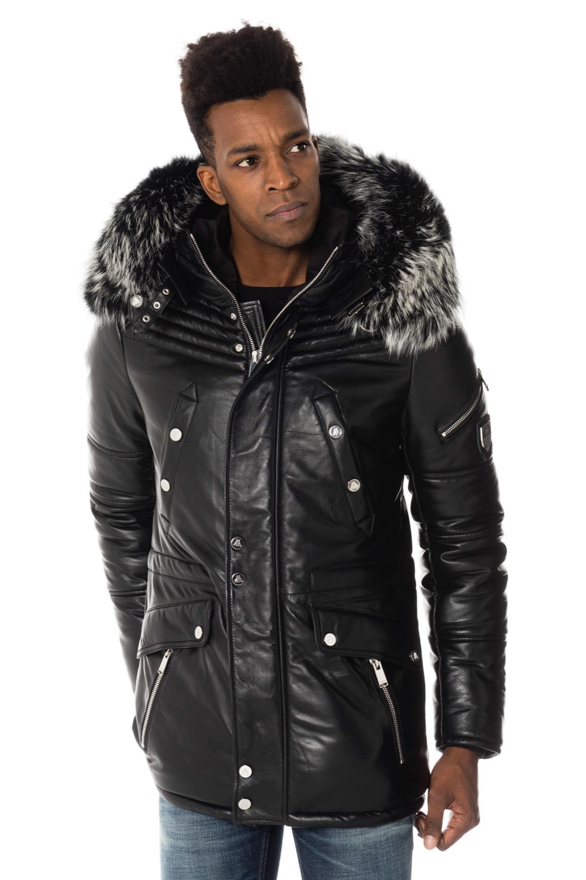 Leather parka with silver fur collar - Image n°1