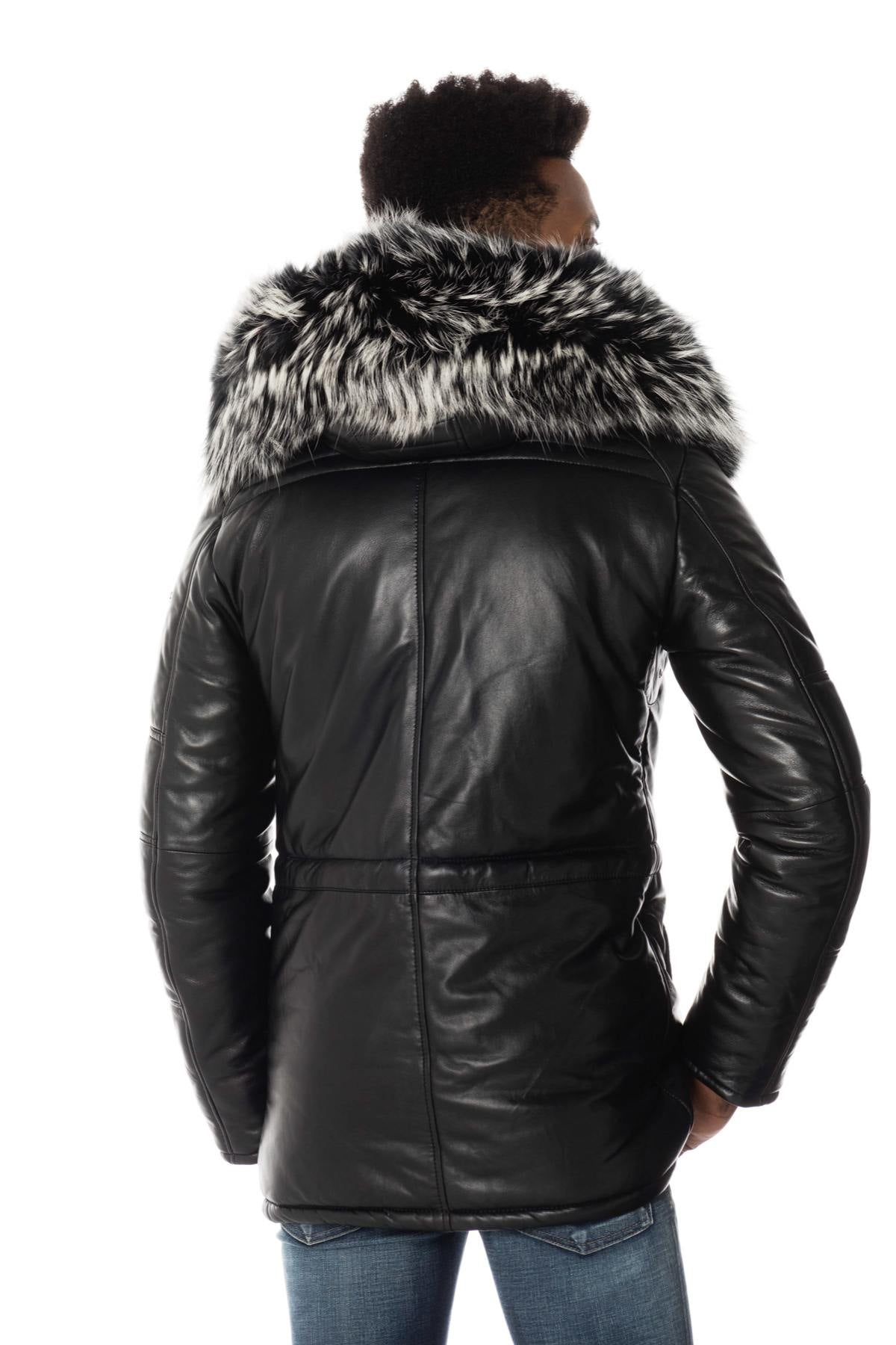 Leather parka with silver fur collar - Image n°4