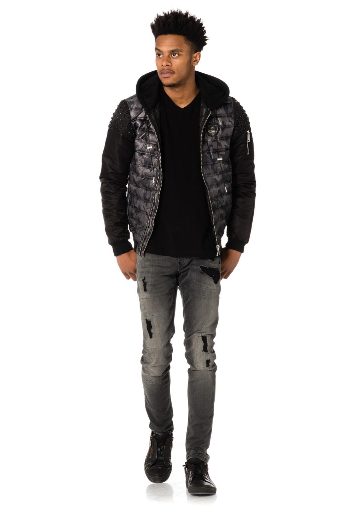 Camouflage print jacket studded on the sleeves - Image n°4