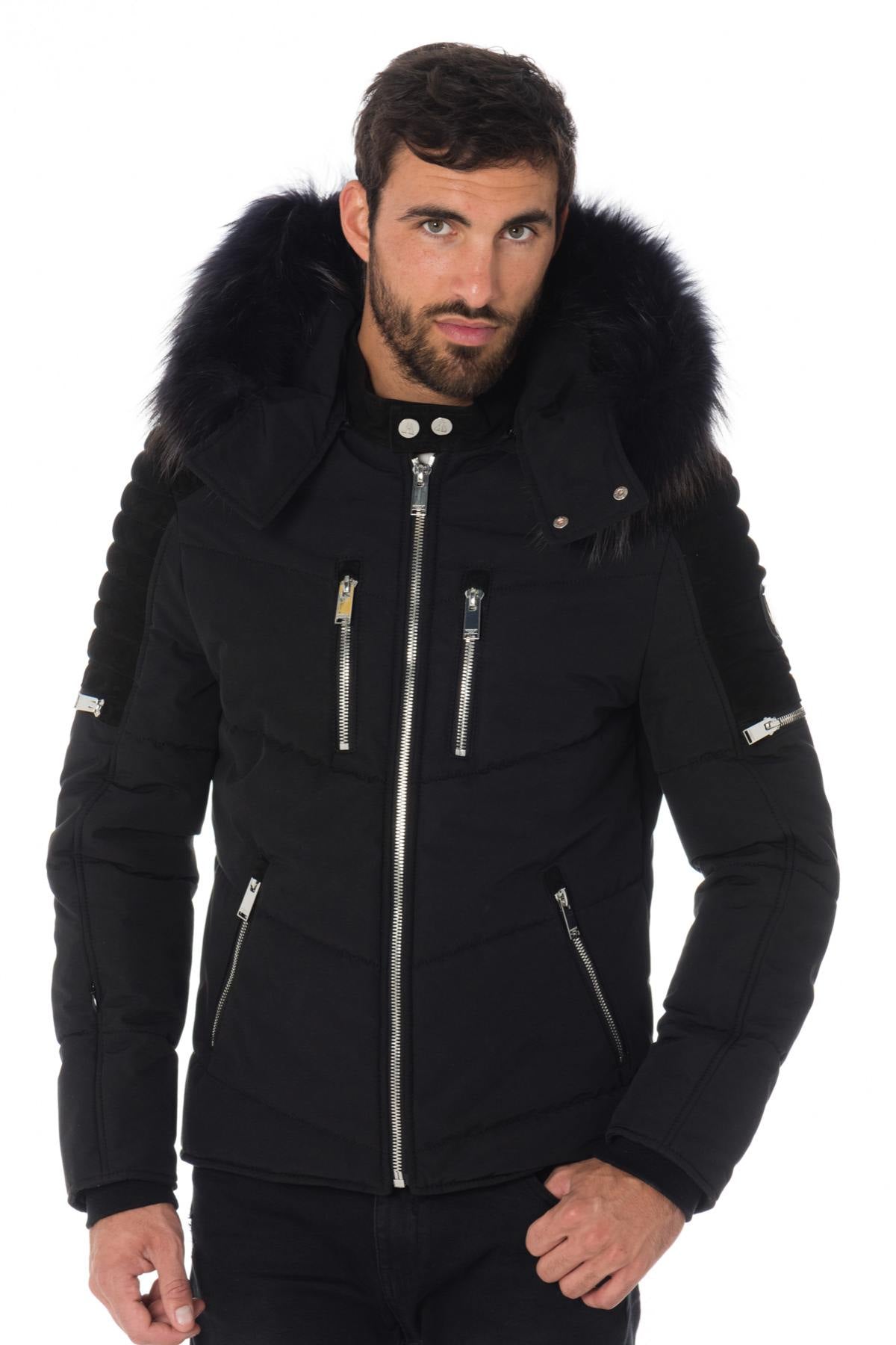 Horspist black down jacket with suede inserts - Image n°1