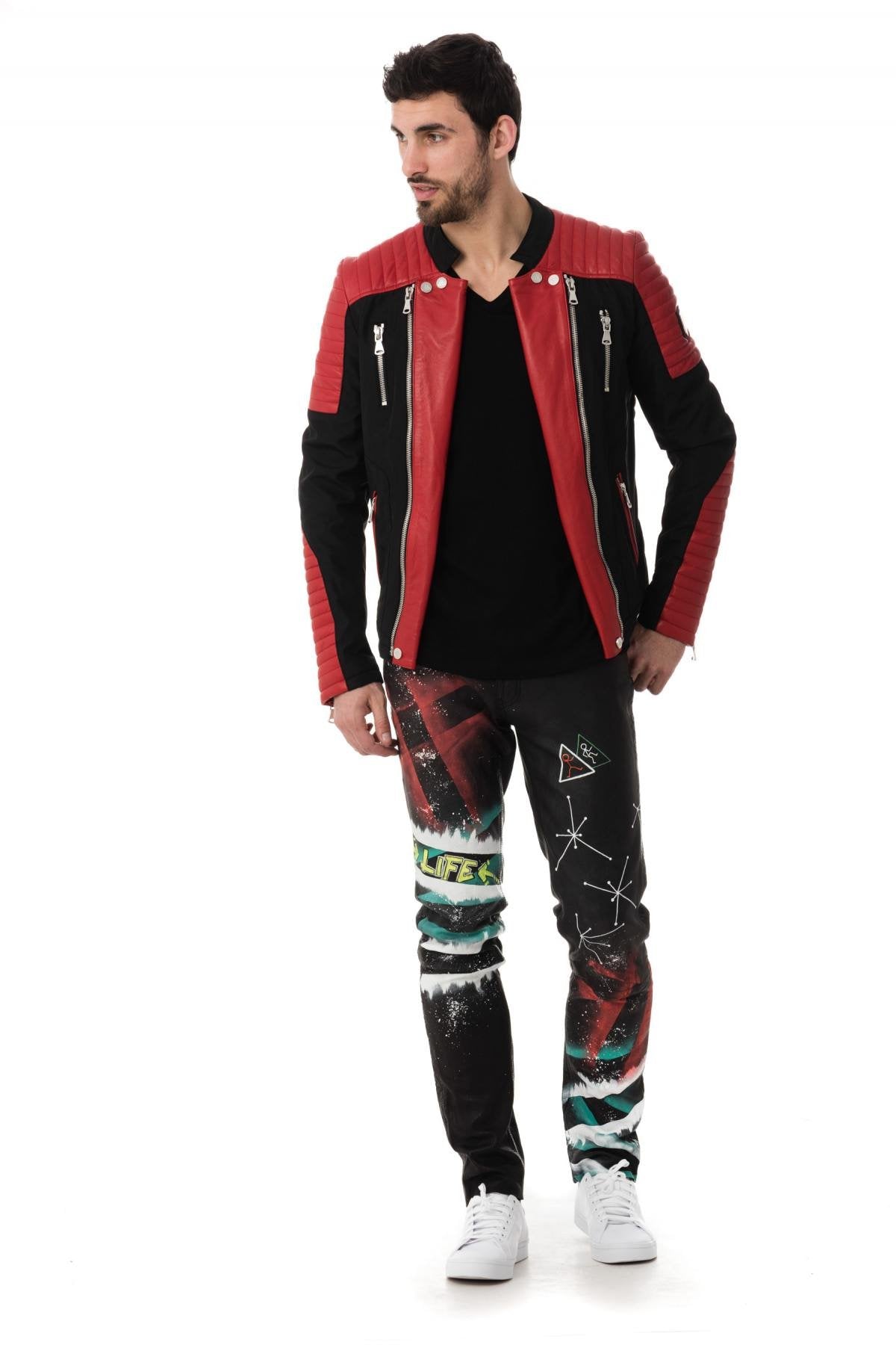 Black and red bi-material jacket - Image n°2