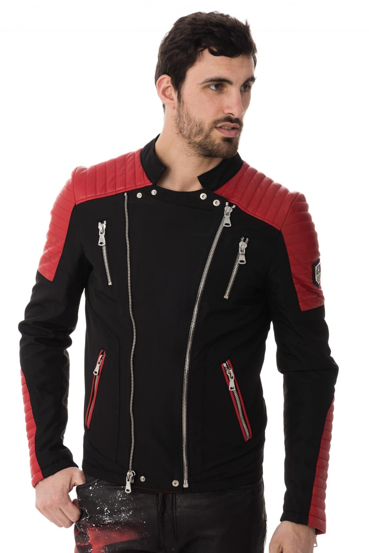 Black and red bi-material jacket - Image n°1