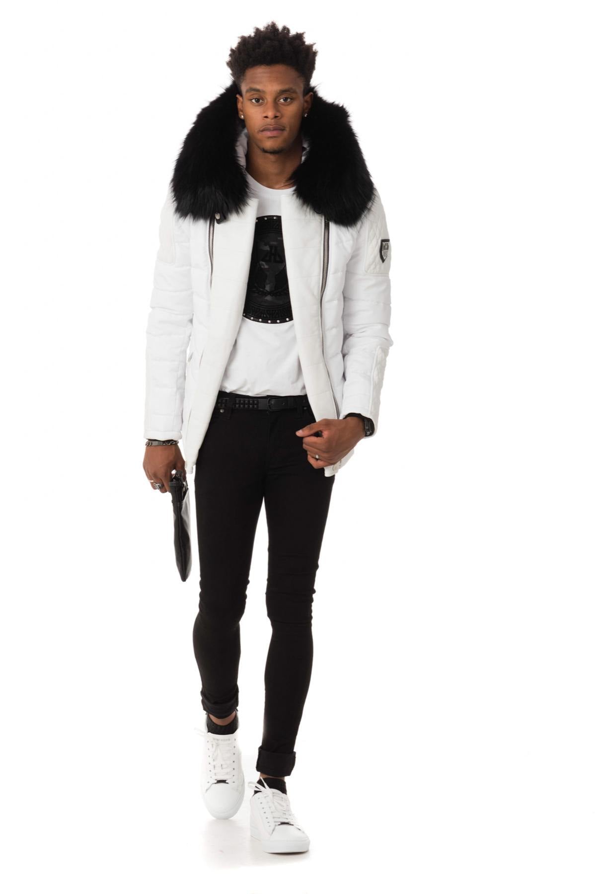 Horspist white bi-material down jacket with black fur - Image n°2