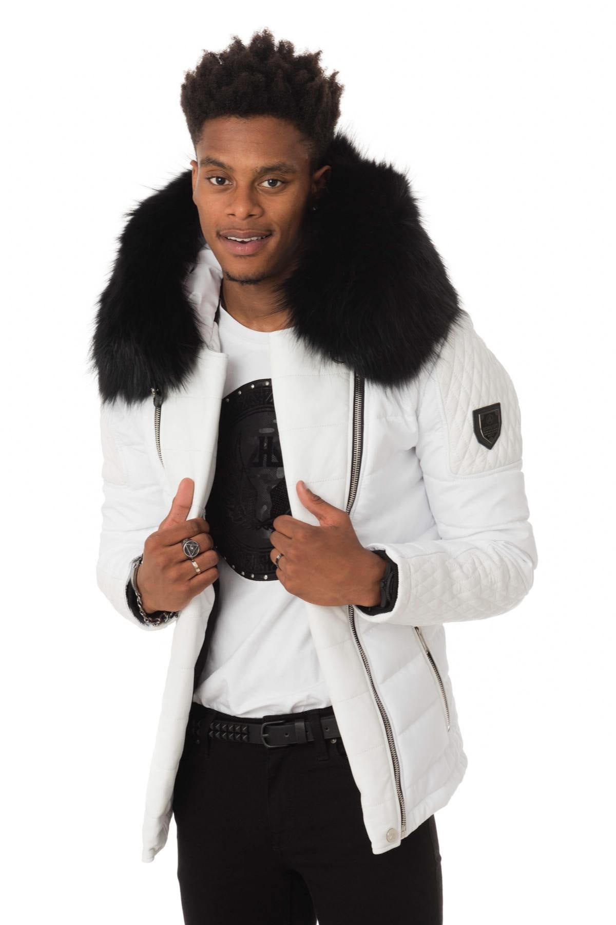 Horspist white bi-material down jacket with black fur - Image n°4